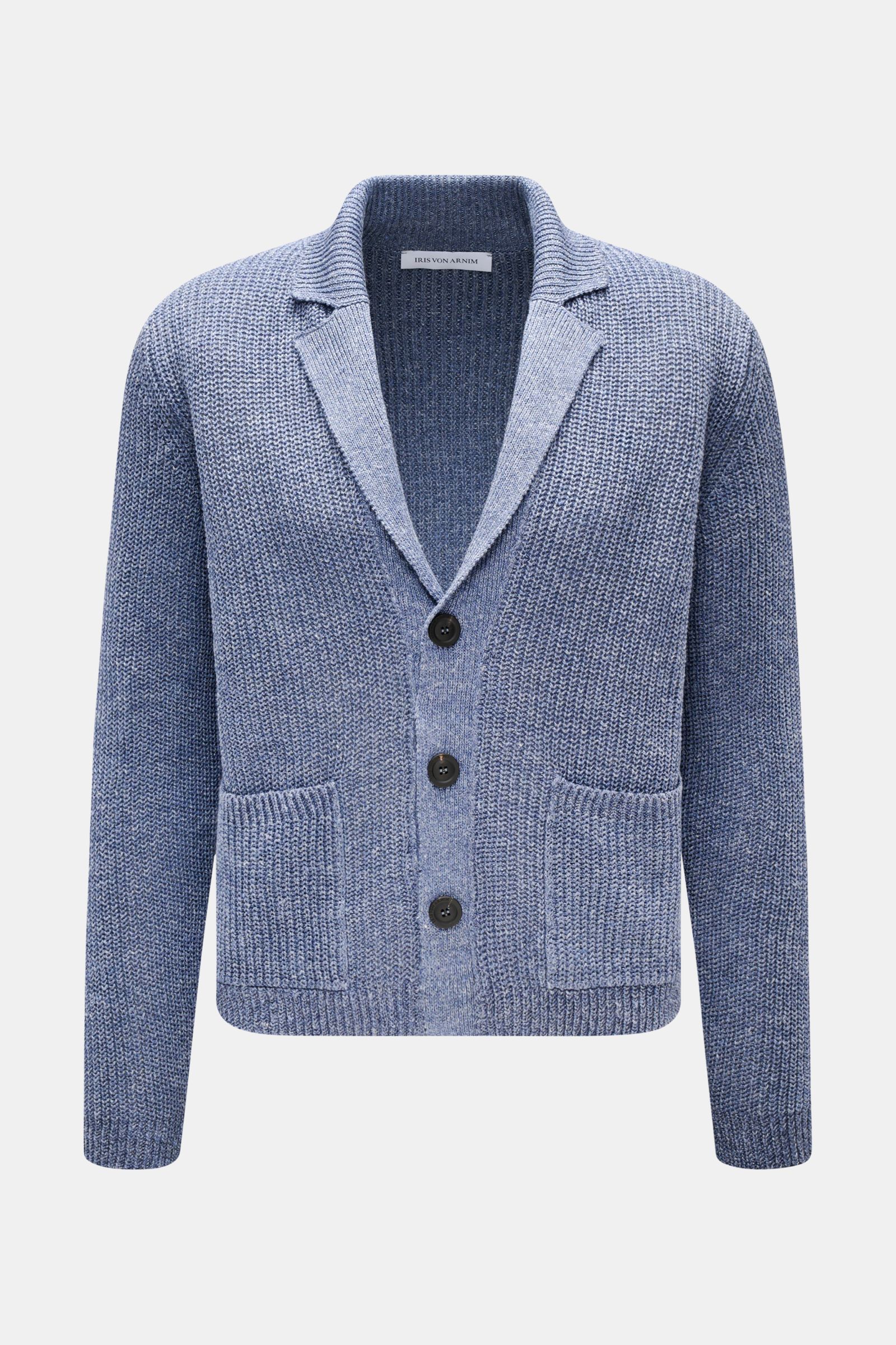 Front view of Iris von Arnim Cardigan 'Larion' smoky blue mottled with voluminous brioche knit, linen-cotton blend, three-button placket, rib knit collar, and front pockets.