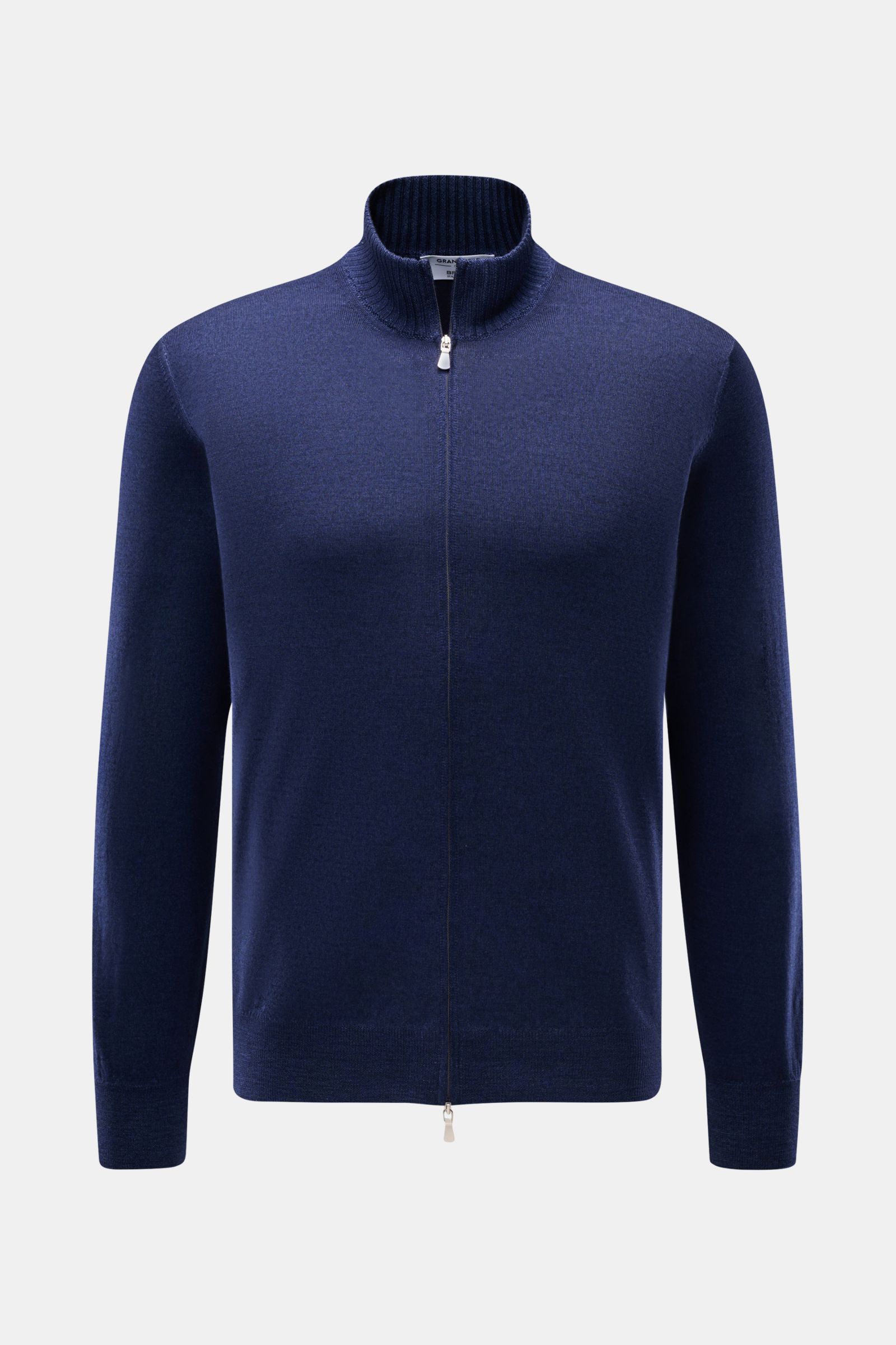 Gran Sasso Strickjacke dunkelblau meliert, Frontansicht mit Stehkragen, zwei-Wege-Reißverschluss, Regular Fit, aus weicher reiner Schurwolle.