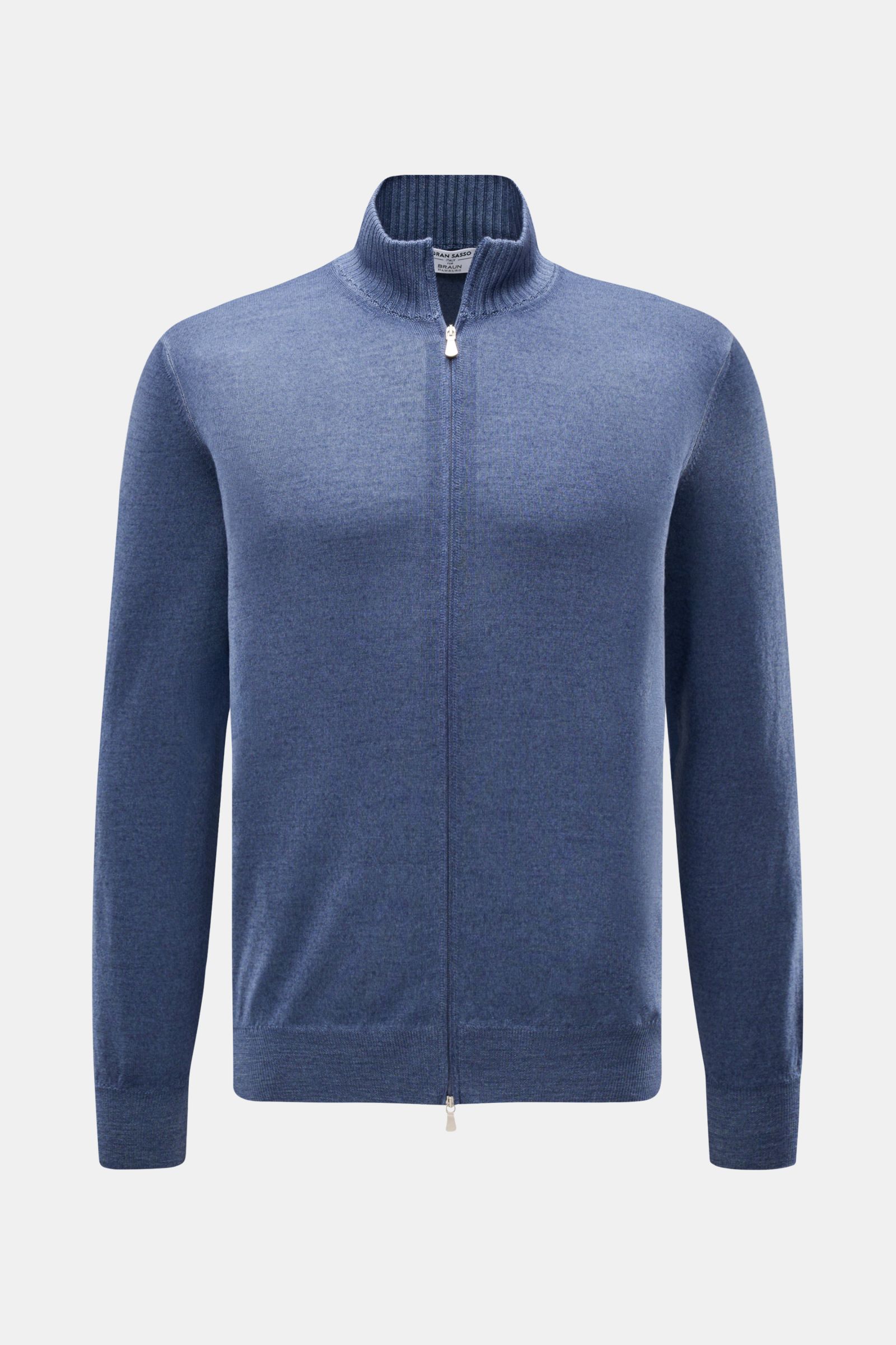 Front view of Gran Sasso Cardigan grey-blue mottled in fine Italian pure virgin wool knitwear with standing collar, two-way zip, ribbed bands, and vintage finish.