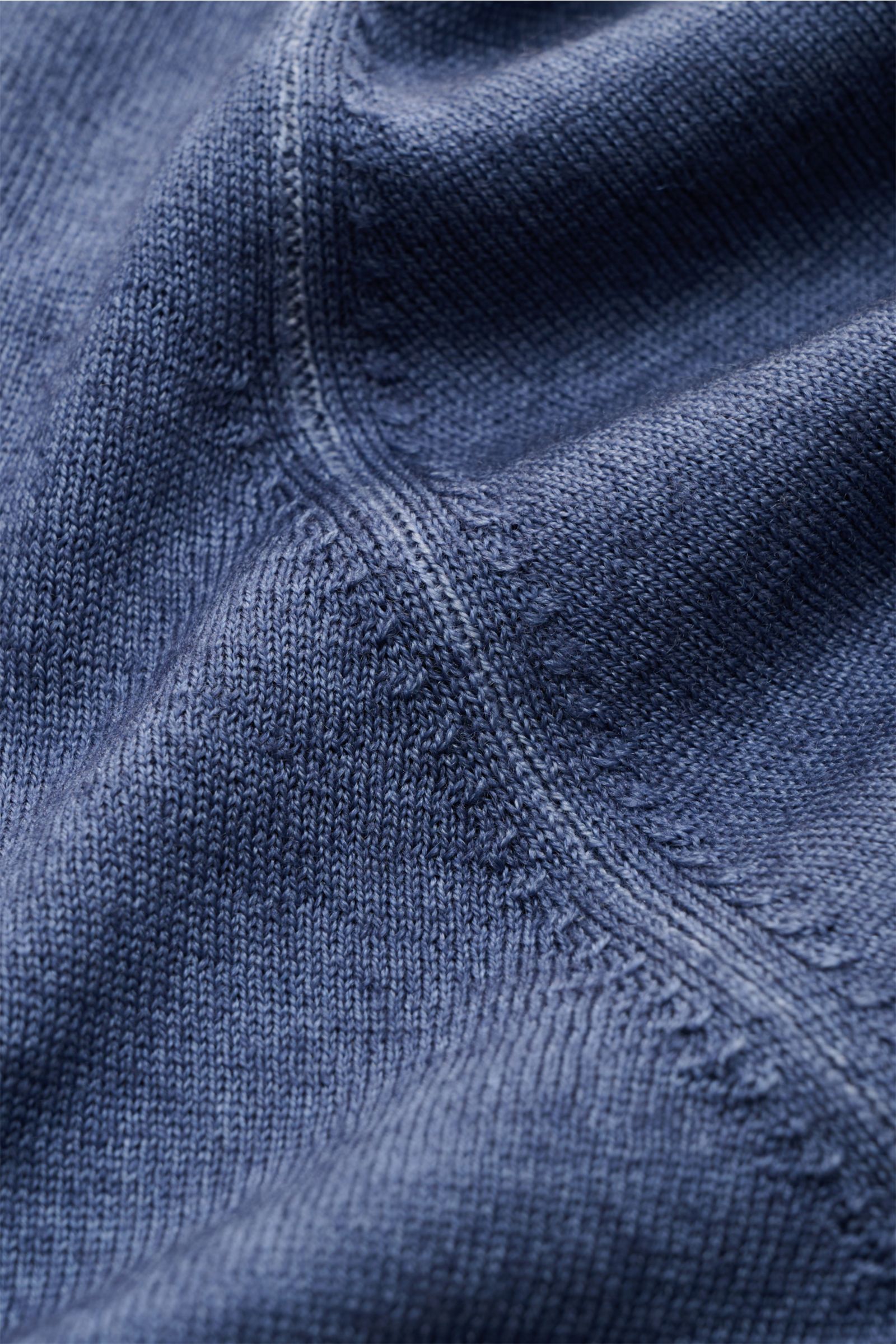 Close-up front view of Gran Sasso Cardigan grey-blue mottled showing fine virgin wool knit, vintage finish, ribbed bands, and soft texture.