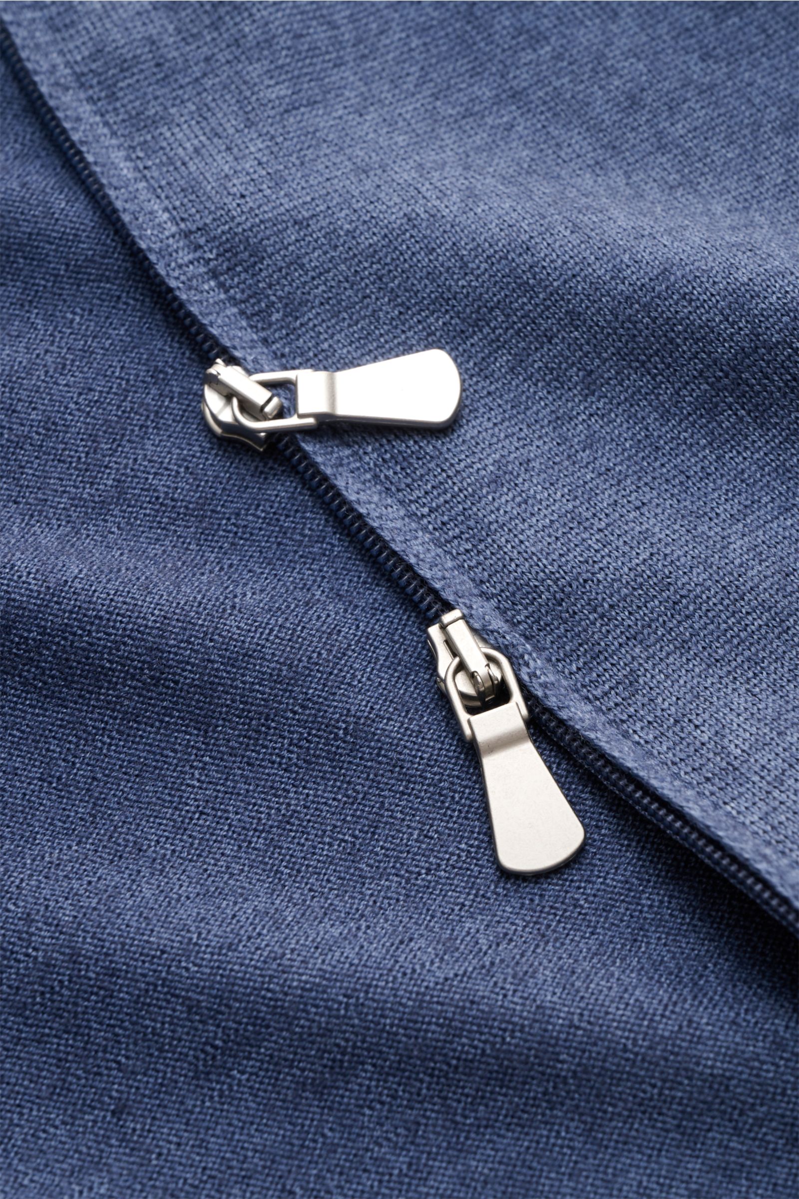 Close-up front view of Gran Sasso Cardigan grey-blue mottled showing fine knit, two-way silver zipper, and soft virgin wool fabric texture.