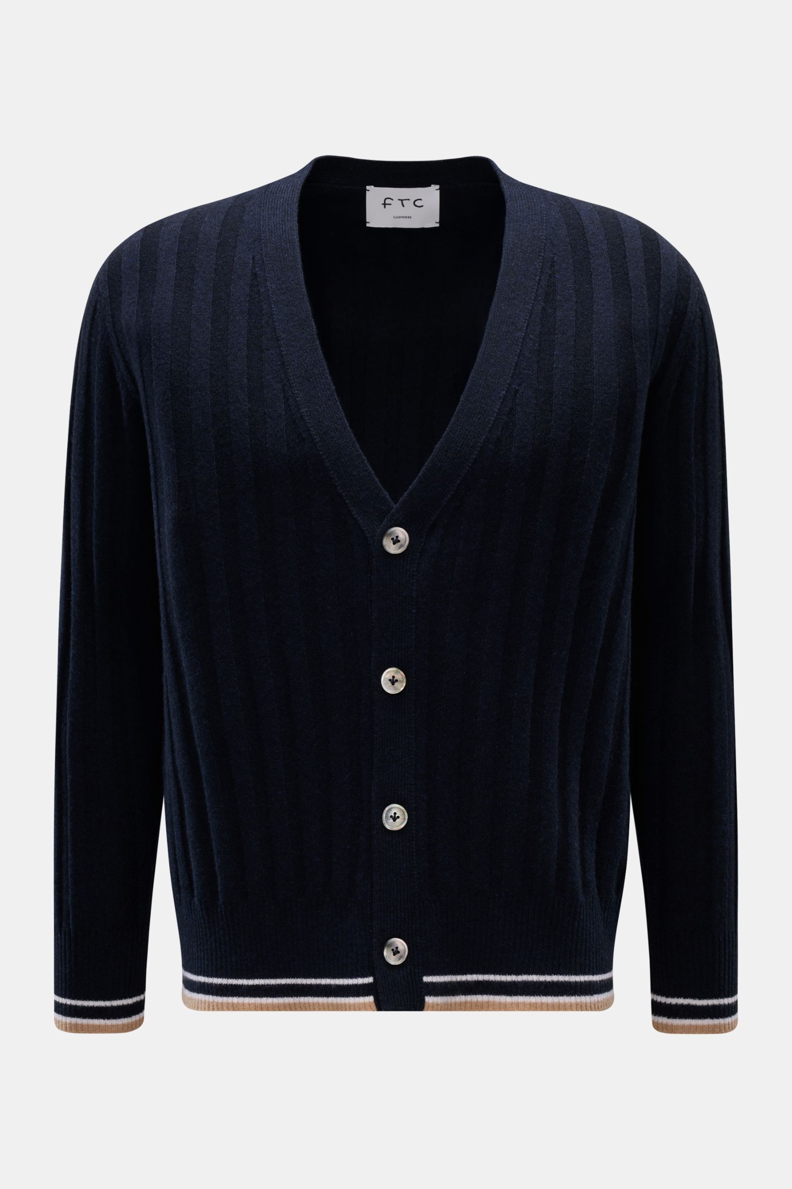Front view of FTC Cashmere cardigan navy in wide rib knit, featuring a V-neck, four buttons, contrasting stripes, and ribbed bands.

This luxurious cardigan by environmentally friendly knitwear label FTC is a soft essential made of pure fair trade cash
