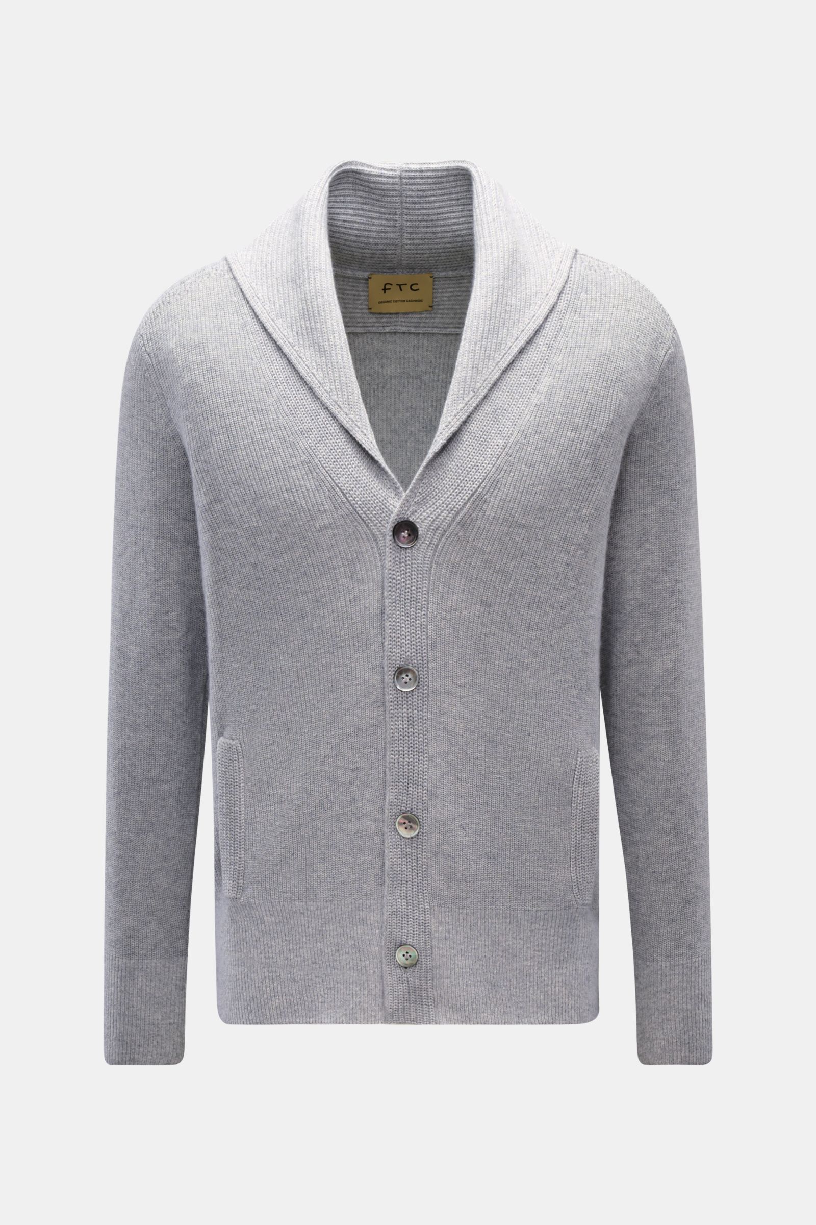 Alt tag (125 characters max):  
Front view of FTC Cardigan grey, a soft cotton and Fair Trade cashmere blend with shawl collar, buttons, and hip pockets.

This luxurious cardigan from sustainable knitwear label FTC is a classic knitted essential made f