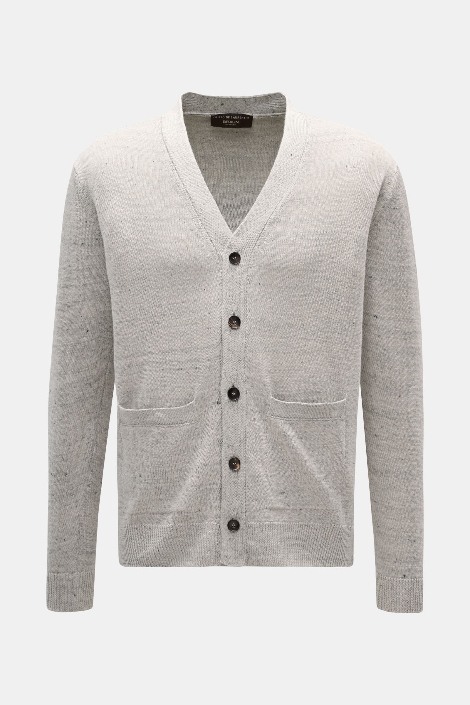 Front view of Filippo de Laurentiis Cardigan grau meliert in light gray, featuring a linen-cotton mix, soft texture, fine knit, regular fit, five-button placket, patch hip pockets, and ribbed cuffs. Stylisch ohne viel Aufwand: Mit seinem leichten Material