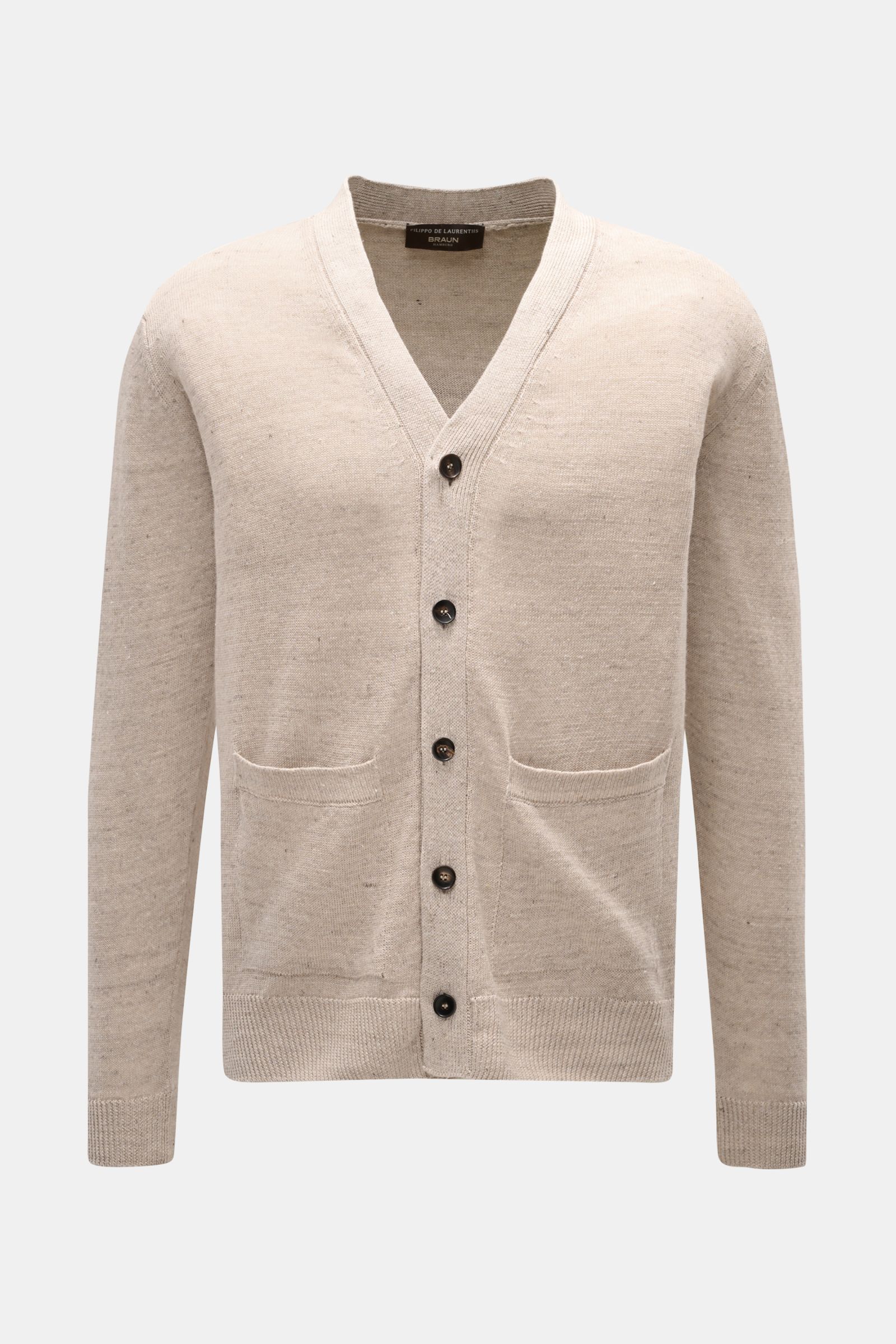 Front view of Filippo de Laurentiis Cardigan beige meliert, made of a linen and cotton blend with a soft feel, fine lightweight knit, regular fit, five-button placket, patch hip pockets, and comfortable rib cuffs. Stylisch ohne viel Aufwand: Mit seinem le