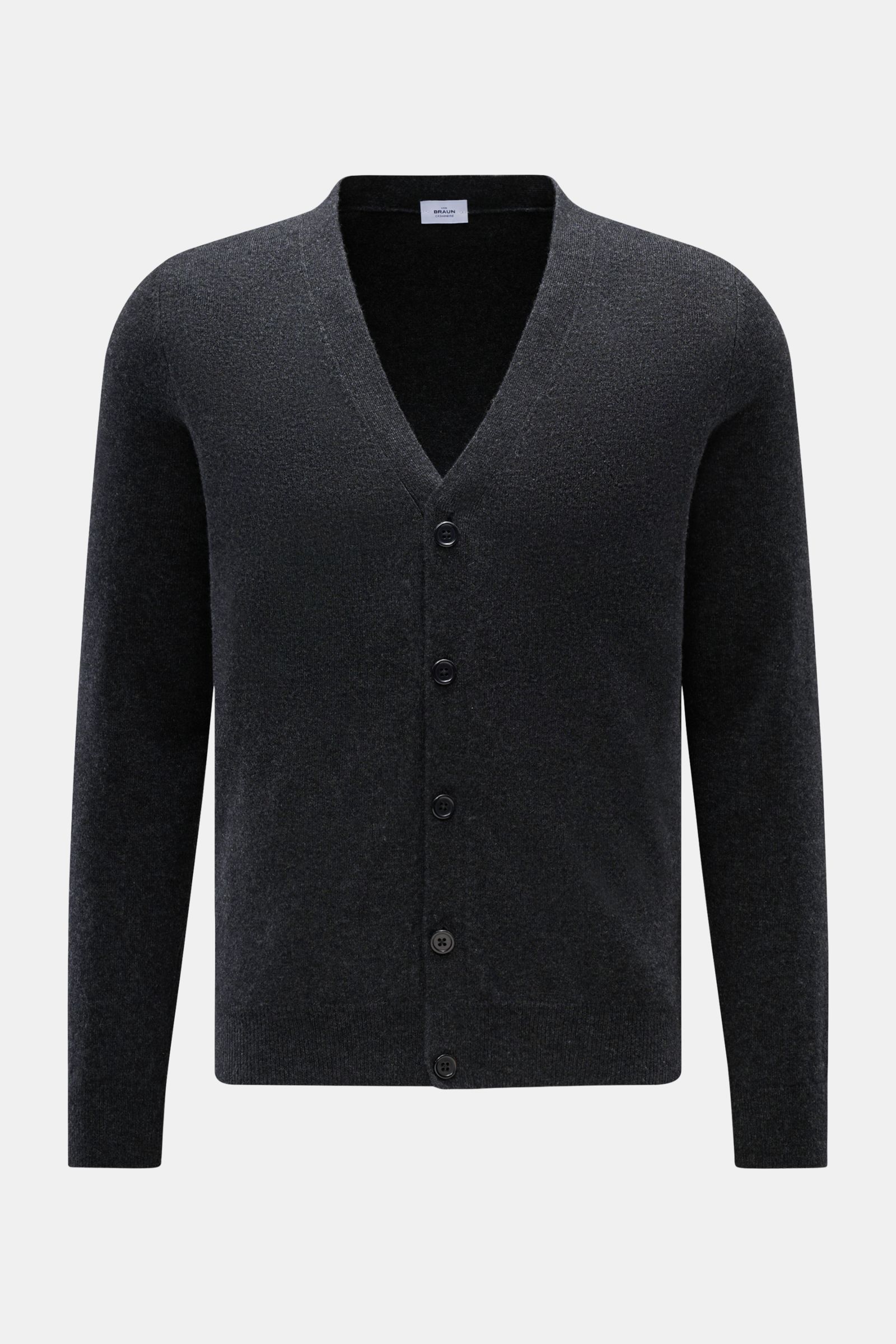 von Braun Cashmere Cardigan dunkelgrau meliert, Slim Fit, feines Strickbild, fünf Knöpfe, elastische Rippbündchen, Frontansicht, reiner mongolischer Cashmere