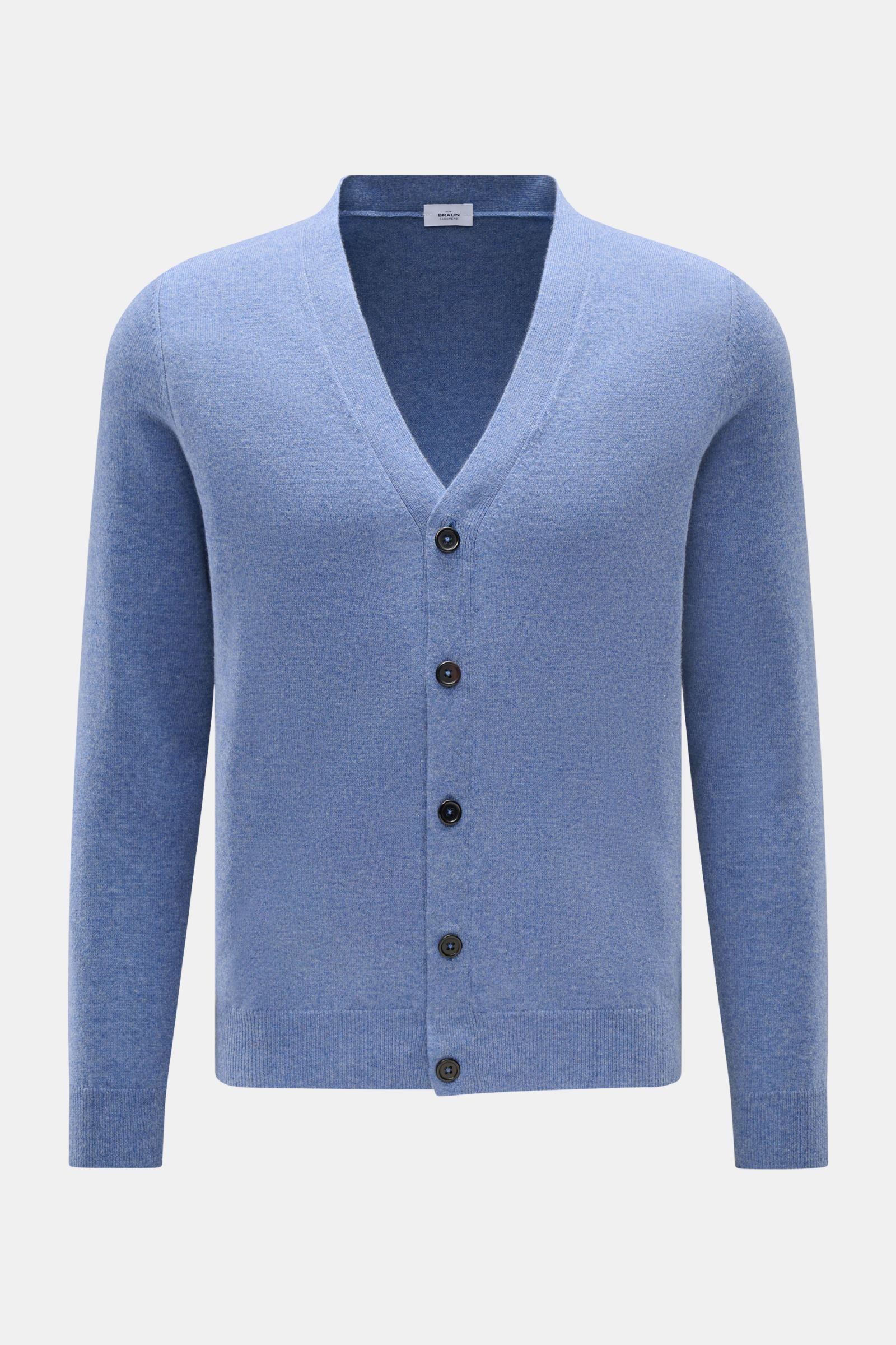 von Braun Cashmere Cardigan blau meliert, Slim Fit, feines Strickbild, Fünf-Knopf-Leiste, elastische Rippbündchen, weicher Griff, Frontansicht