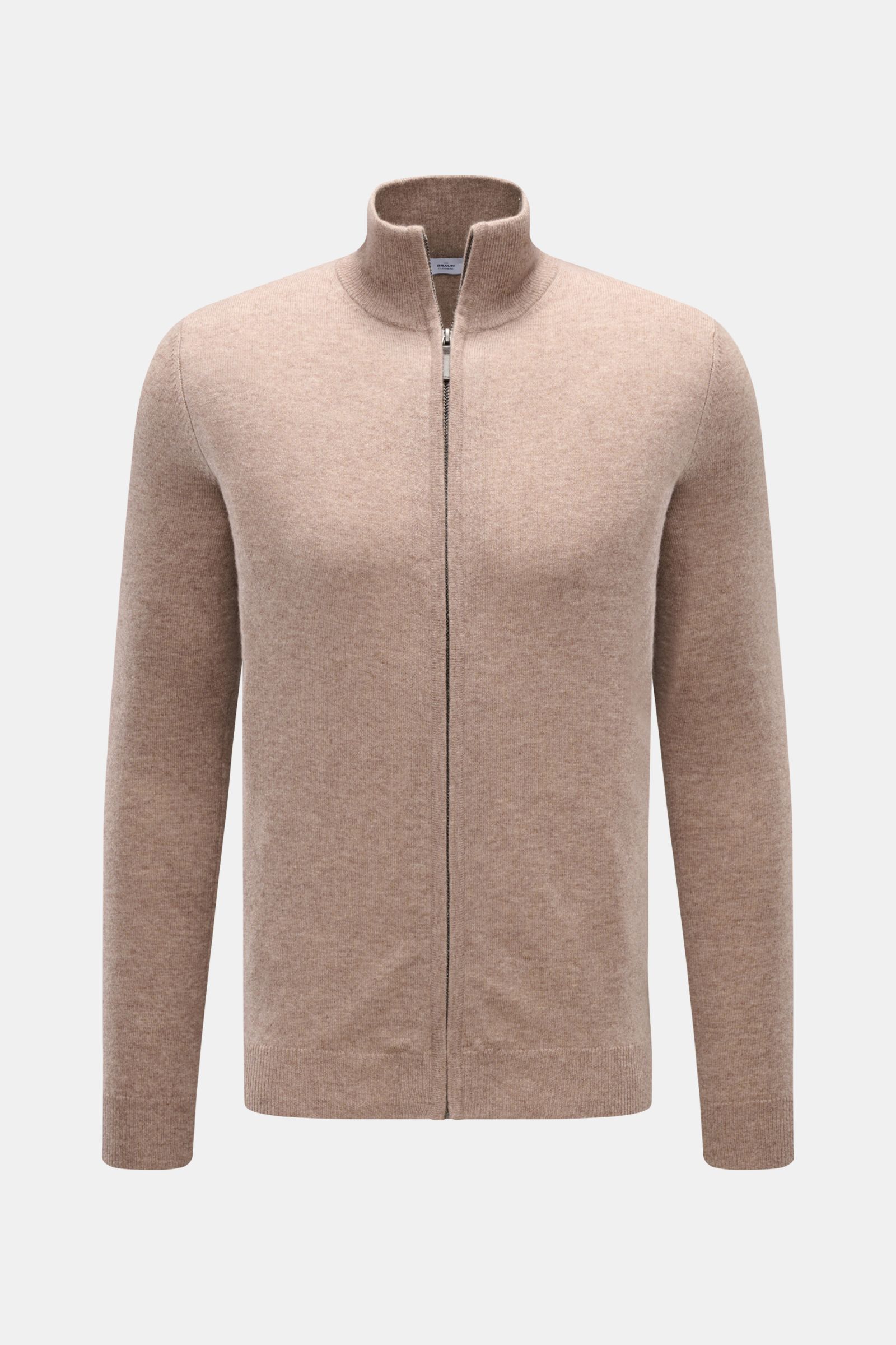 von Braun Cashmere Strickjacke beige meliert, Slim Fit mit Stehkragen, Reißverschluss, weichem Griff und feinem Strickbild, frontale Ansicht