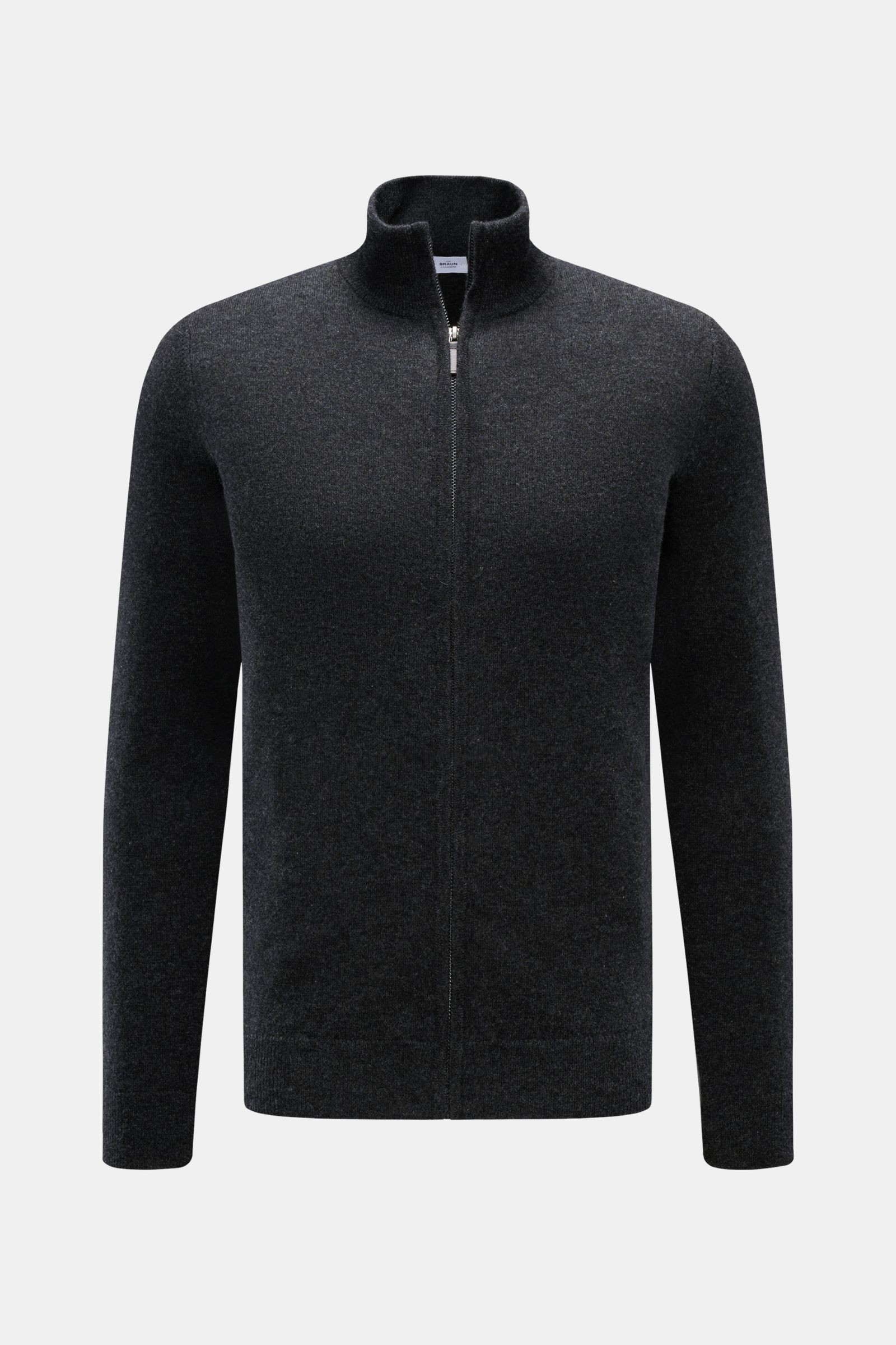 Von vorne fotografierte von Braun Cashmere Strickjacke dunkelgrau meliert aus reinem, weichem Cashmere mit Slim Fit, Reißverschluss und Stehkragen.
