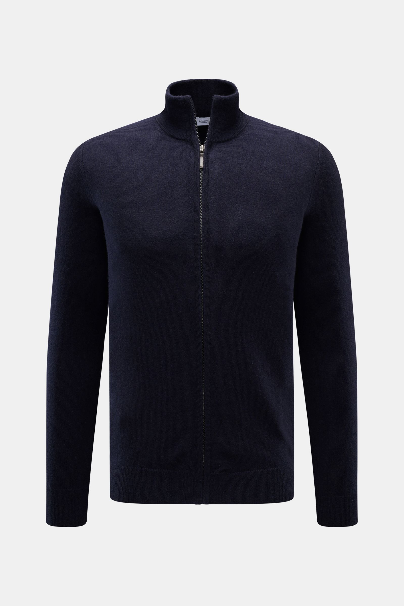 von Braun Cashmere Strickjacke navy, Slim Fit, Stehkragen, Reißverschluss, weicher Griff, feines Strickbild, Rippbündchen, Frontansicht, reiner mongolischer Cashmere.