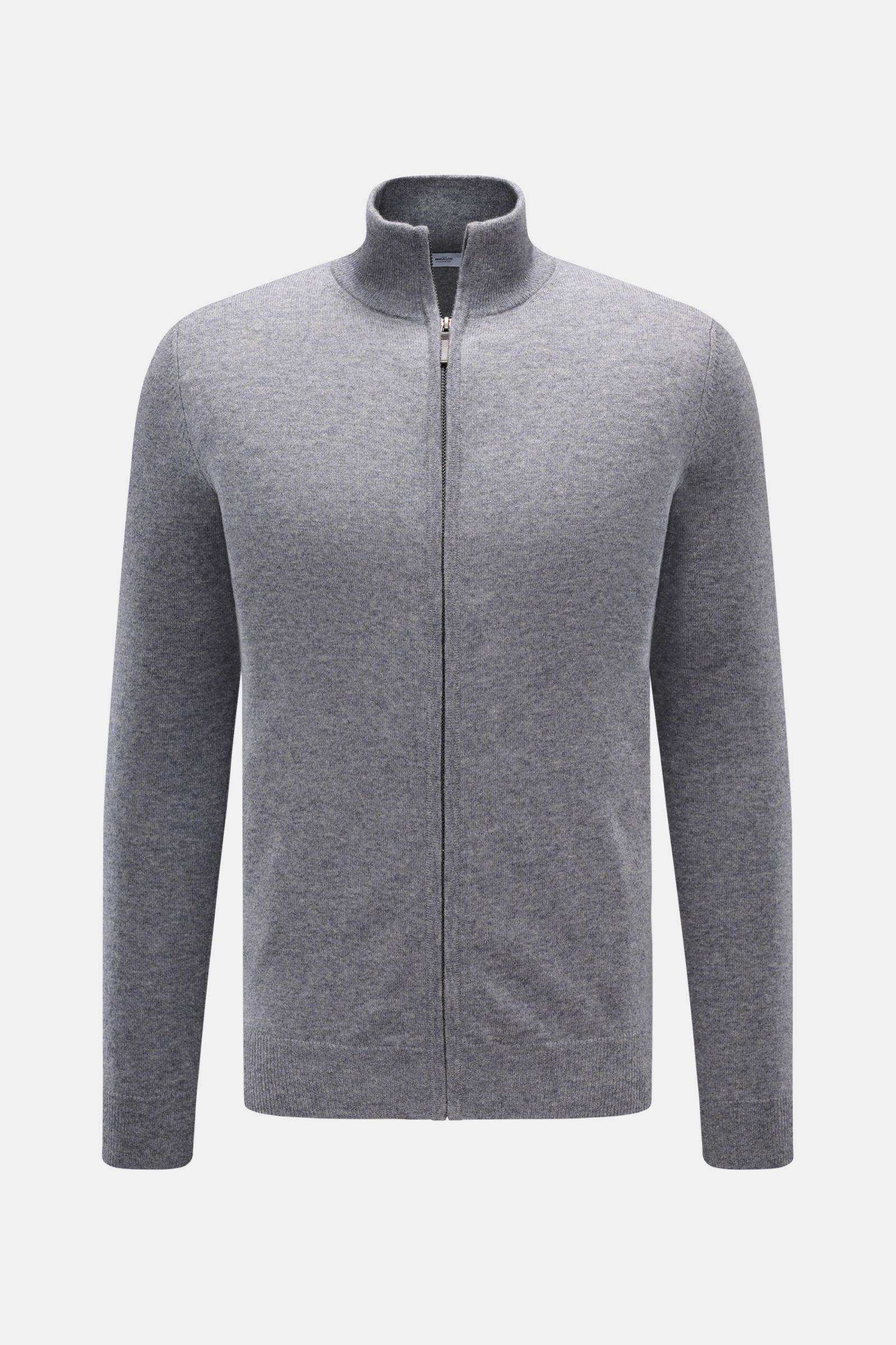 von Braun Cashmere Strickjacke grau meliert in Slim Fit, Frontansicht mit Reißverschluss, Stehkragen, weichem Griff, feinem Strickbild, Rippbündchen, reiner Cashmere.