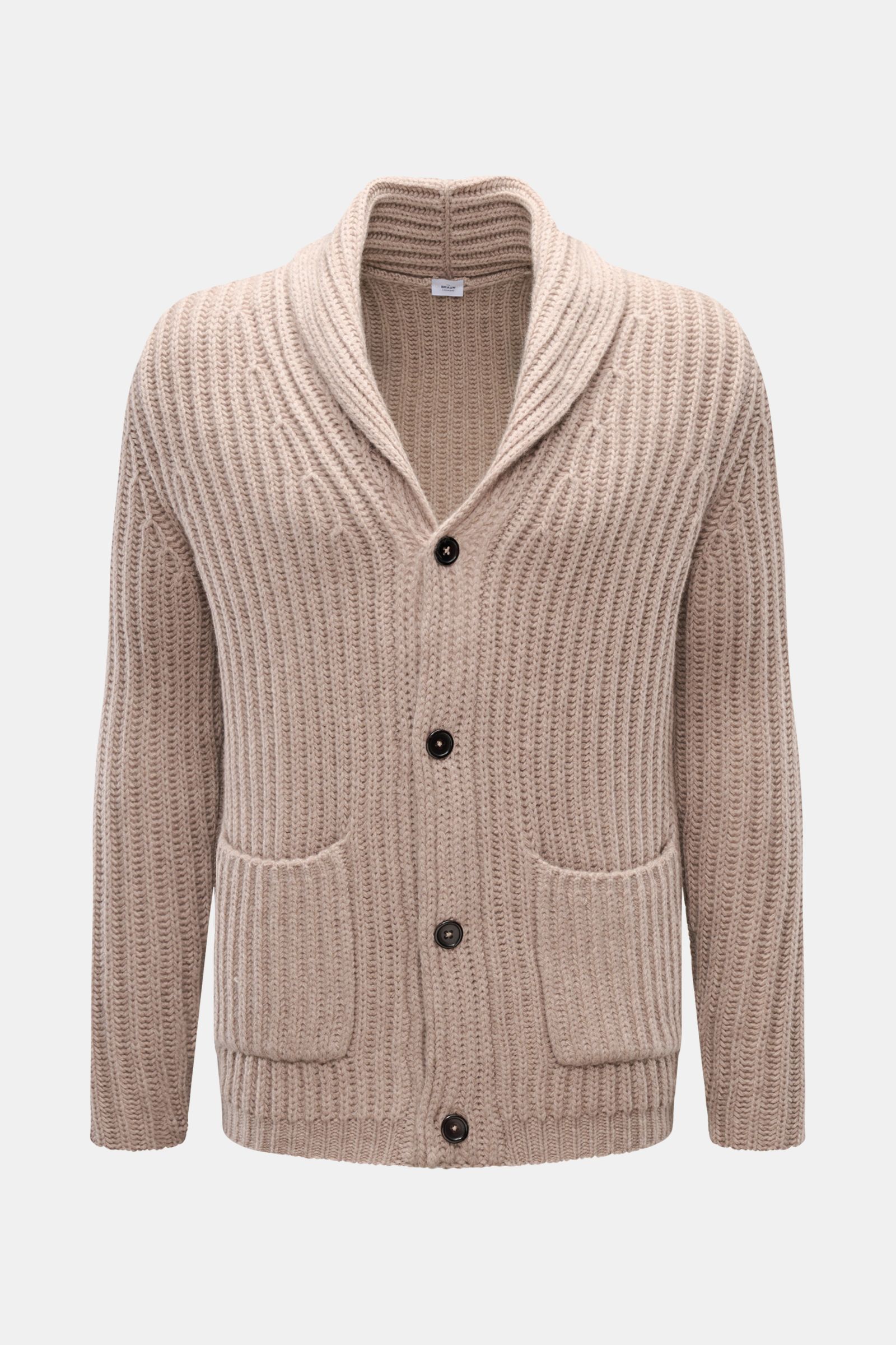 von Braun Cashmere Cardigan beige im Slim Fit, grobes Chunky-Knit Patentstrick, Schalkragen, Vier-Knopf-Leiste, Taschen, Frontansicht