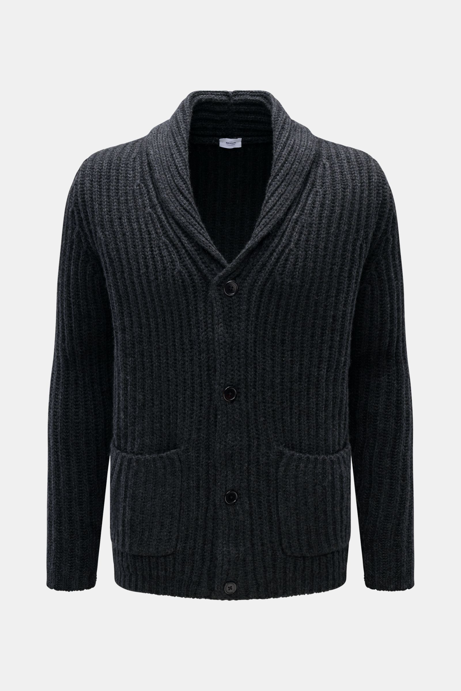 Front view of von Braun Cashmere cardigan anthracite mottled in slim fit, chunky brioche stitch with shawl collar and four-button placket, featuring pure Mongolian cashmere for a soft feel, ideal for less chunky layering during colder months.