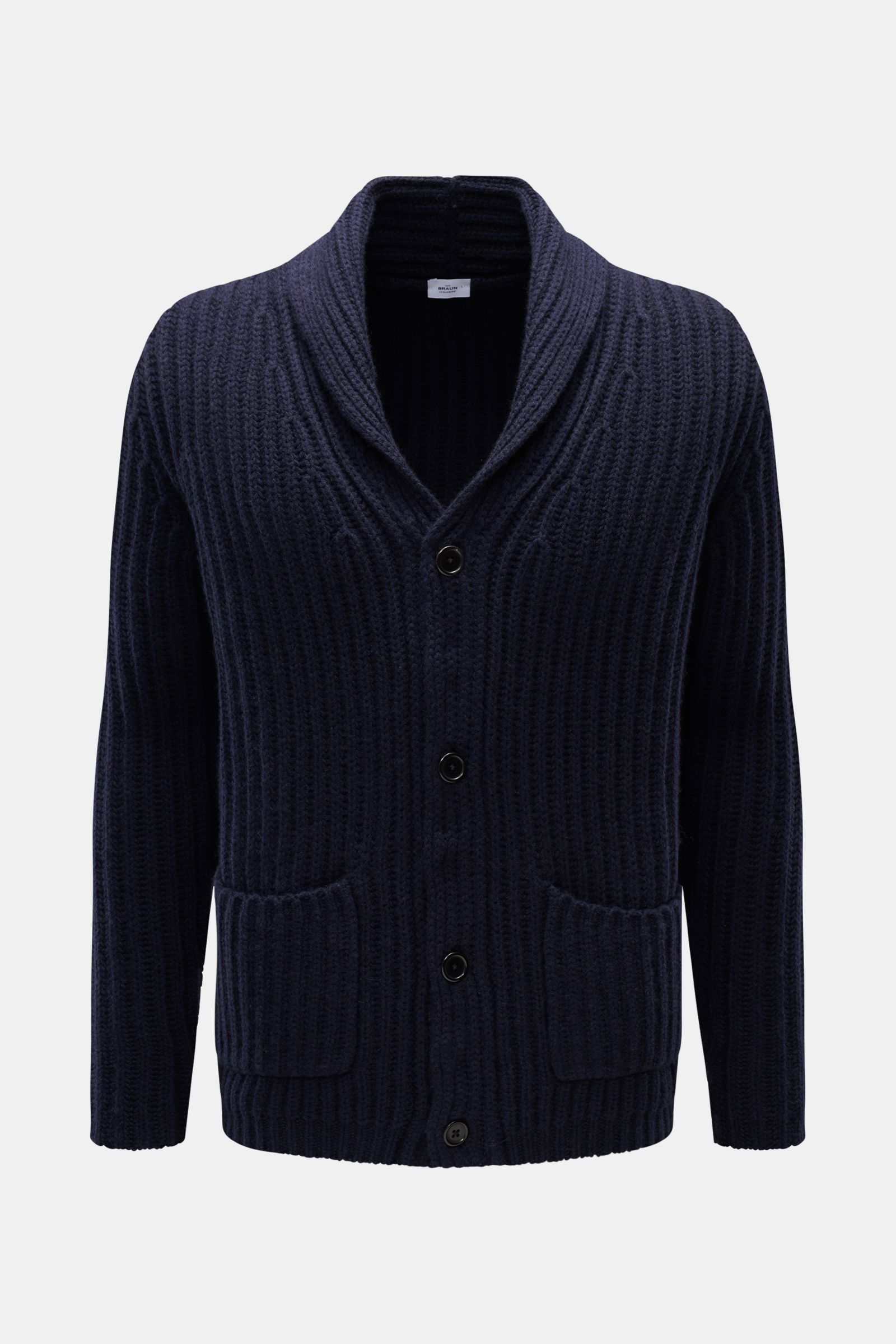 Front view of von Braun Cashmere cardigan navy in a slim fit, chunky brioche stitch knit with shawl collar, four-button placket, and two front pockets, made from pure Mongolian cashmere with a soft feel. How about a less chunky knit? This cardigan in brio