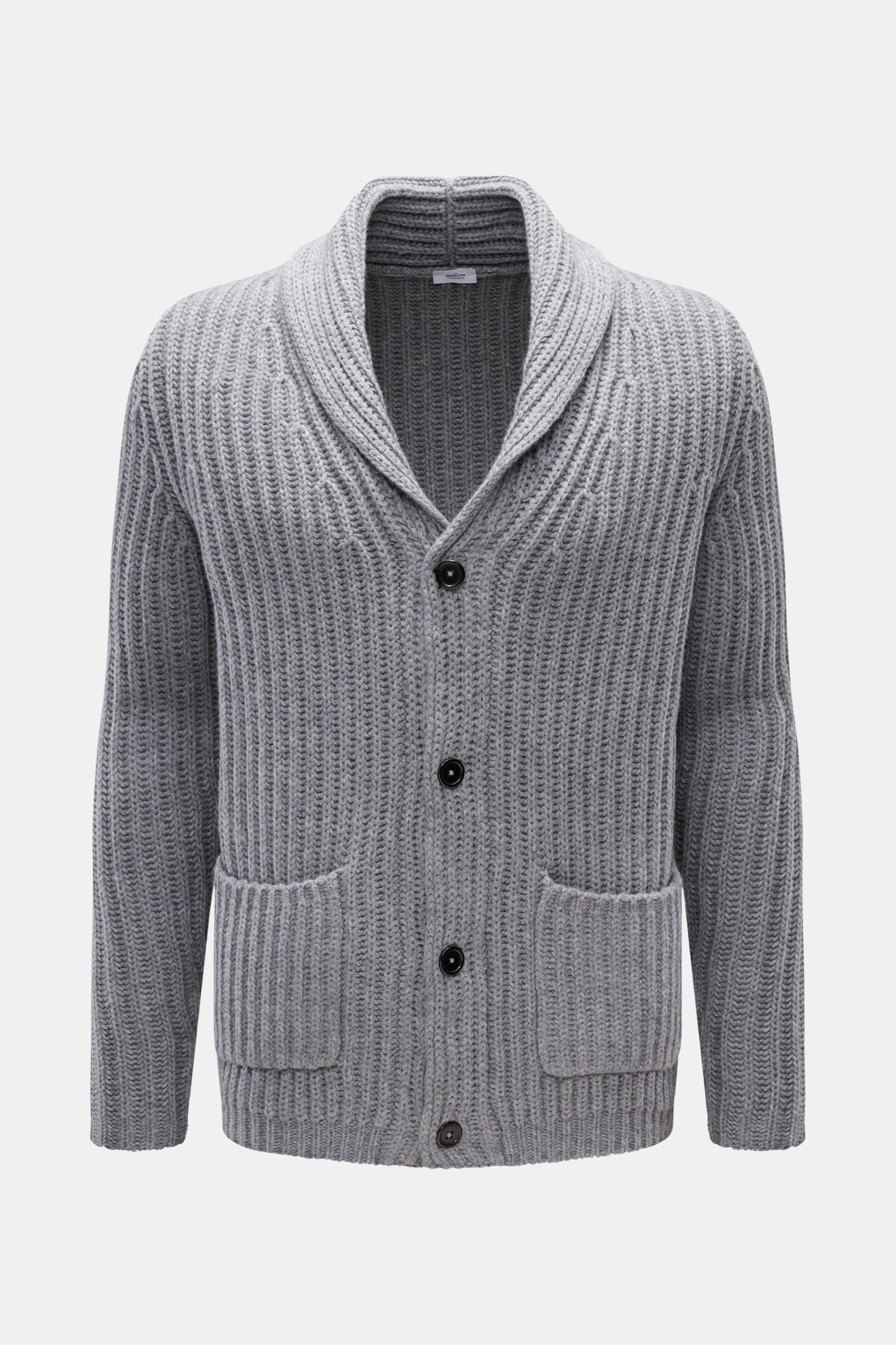 Front view of von Braun Cashmere cardigan grey melange in a slim fit, chunky brioche stitch knit with shawl collar and four-button placket, made of pure Mongolian cashmere with a soft feel, featuring two front pockets. How about a less chunky knit? This c
