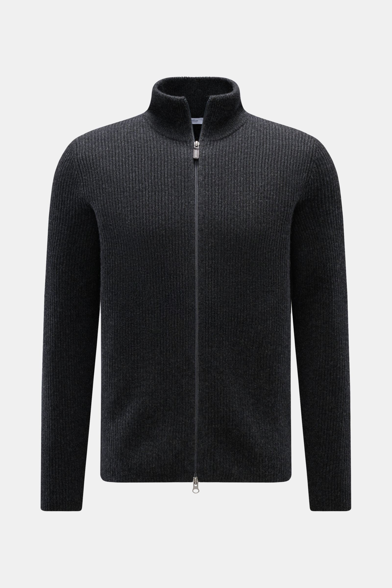 von Braun Cashmere Strickjacke anthrazit meliert, Slim Fit, mittelfeiner Patentstrick, hoch schließender Kragen, Zwei-Wege-Reißverschluss, frontale Aufnahme