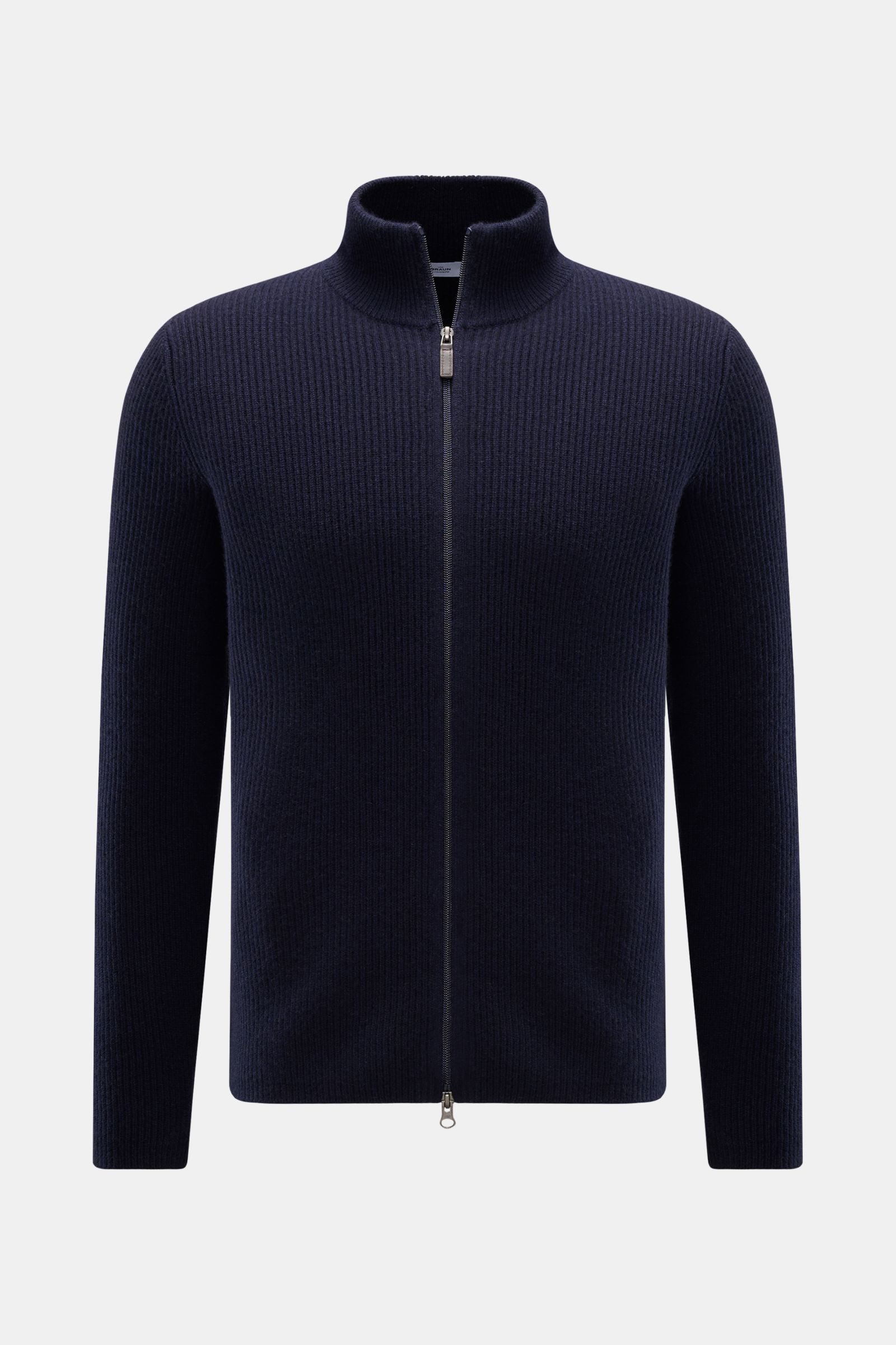 von Braun Cashmere Strickjacke navy in Slim Fit, Patentstrick, hoch geschlossenem Kragen, Zwei-Wege-Reißverschluss, frontal fotografiert.