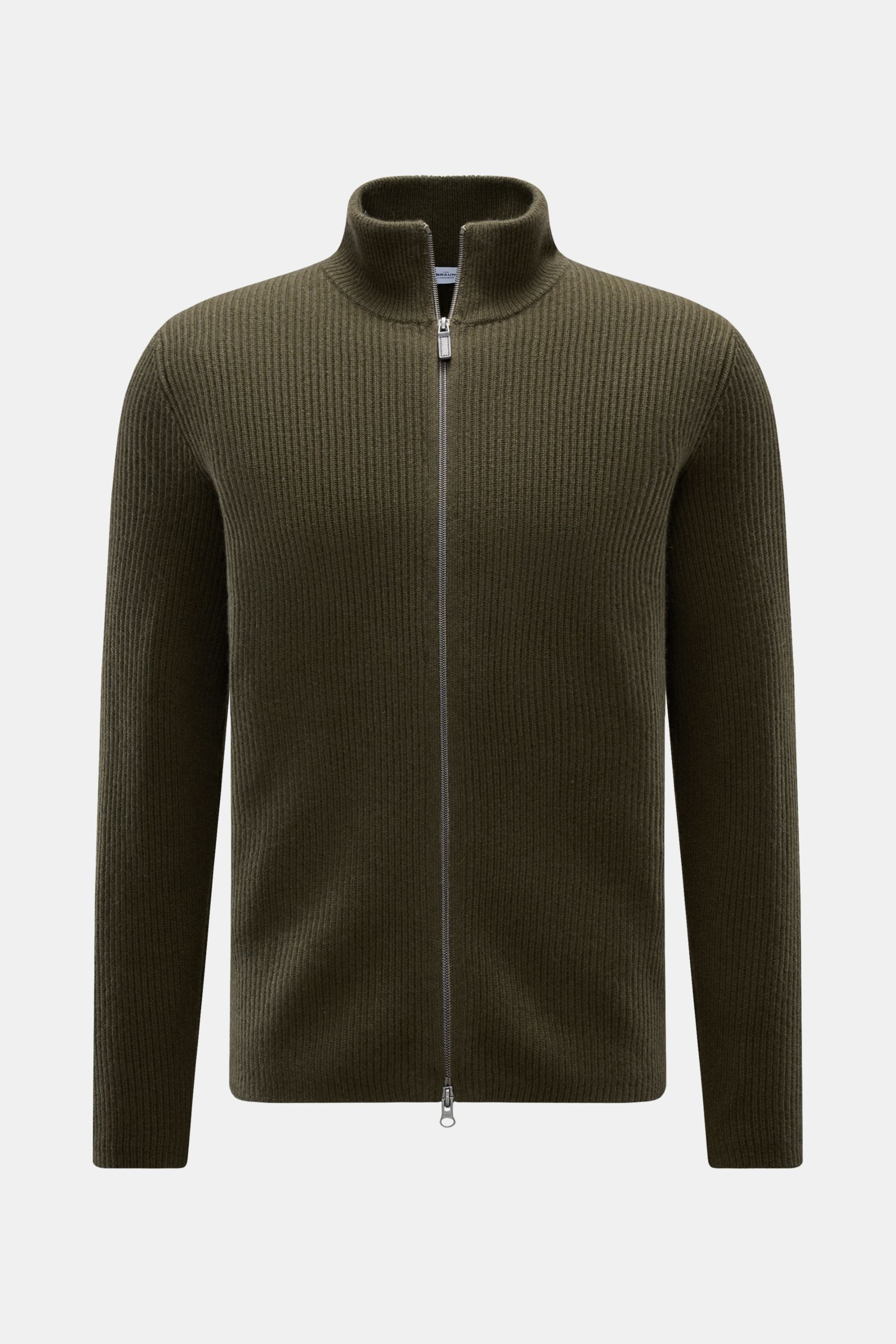 von Braun Cashmere Strickjacke oliv, frontal fotografiert, Slim Fit mit hoch schließendem Kragen, Zwei-Wege-Reißverschluss, weichem, mittelfeinem Patentstrick aus mongolischem Cashmere.