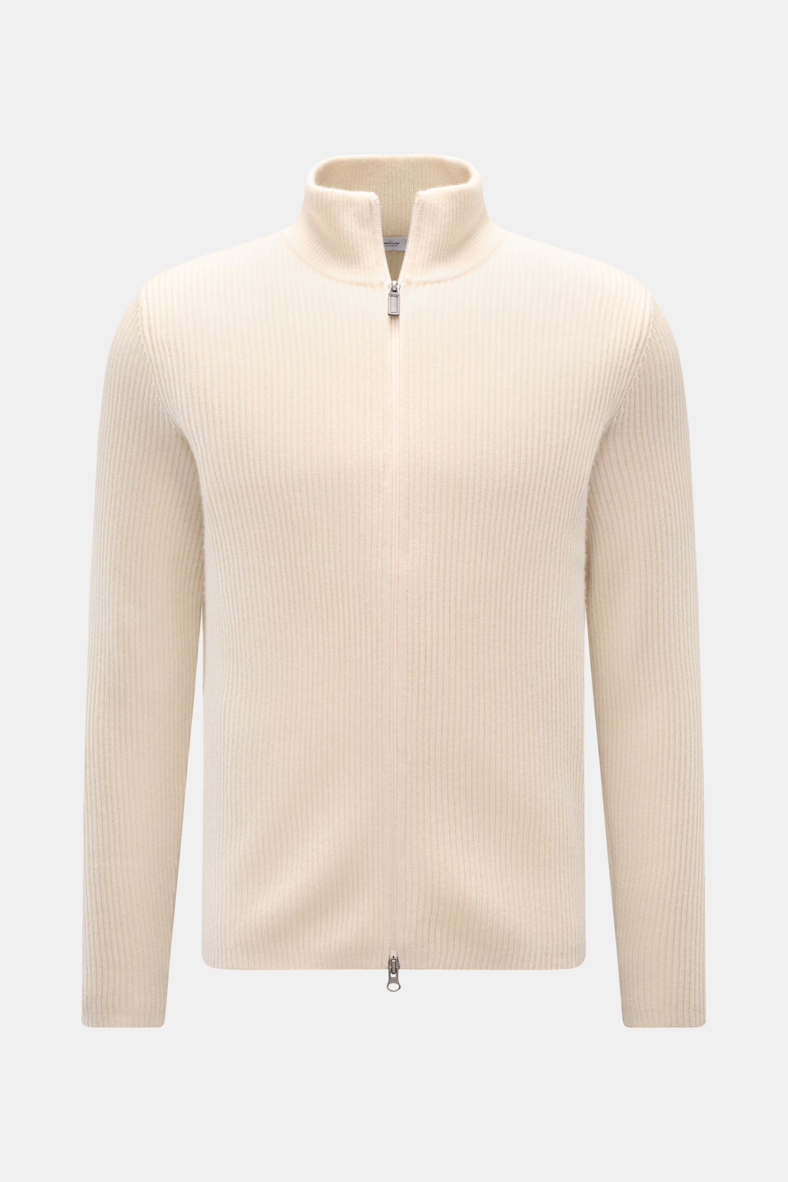 Front view of von Braun Cashmere cardigan off-white in fine brioche knit with slim fit, high collar, two-way zip, and ribbed bands.

Description: Maximum comfort with the highest standards: This cardigan in brioche knit from VON BRAUN’s cashmere collec