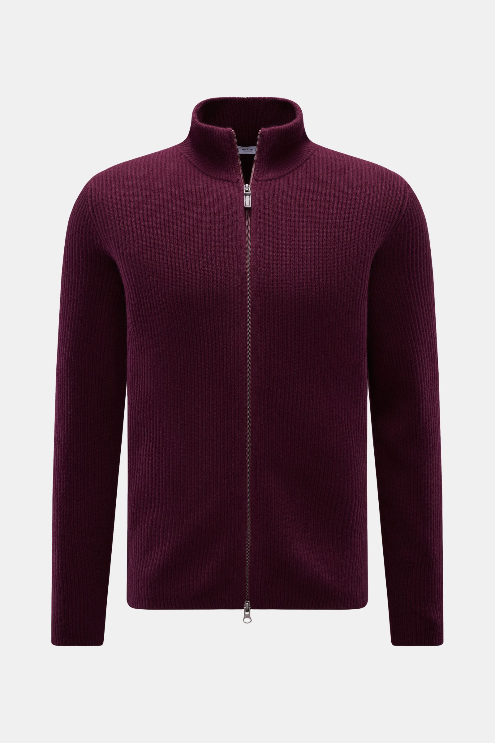 von Braun Cashmere Strickjacke bordeaux in Slim Fit, Frontansicht, hoher Kragen, Zwei-Wege-Reißverschluss, weicher mongolischer Cashmere, Patentstrick, mittelfeines Strickbild, Rippbündchen.