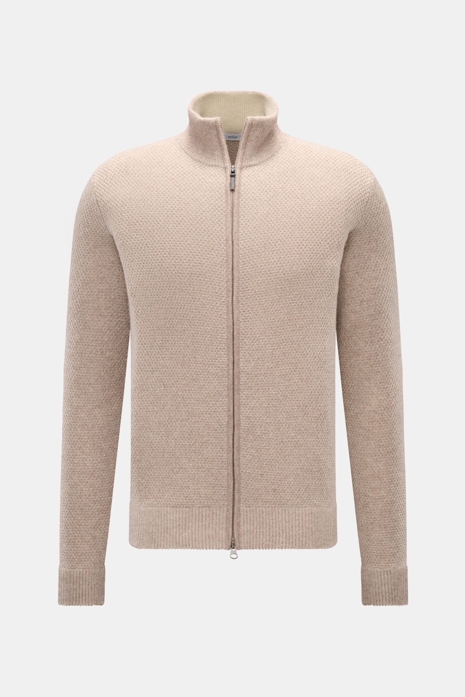 von Braun Cashmere Strickjacke beige meliert, Slim Fit mit hoch schließendem Kragen, Zwei-Wege-Reißverschluss, edler Strukturstrick, Frontansicht, weicher Griff, mongolischer Cashmere.