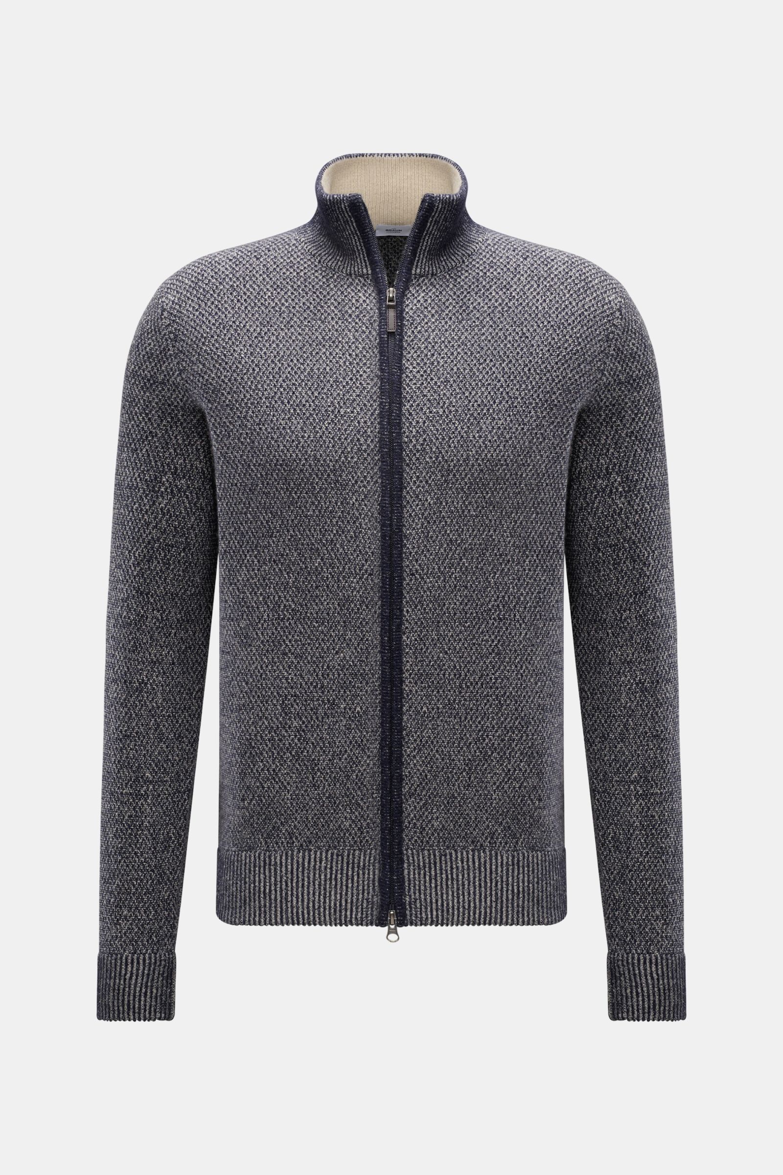 von Braun Cashmere Strickjacke navy meliert, Slim Fit, mittelfeiner Strukturstrick, hoher Kragen, Zwei-Wege-Reißverschluss, Rippbündchen, Frontansicht