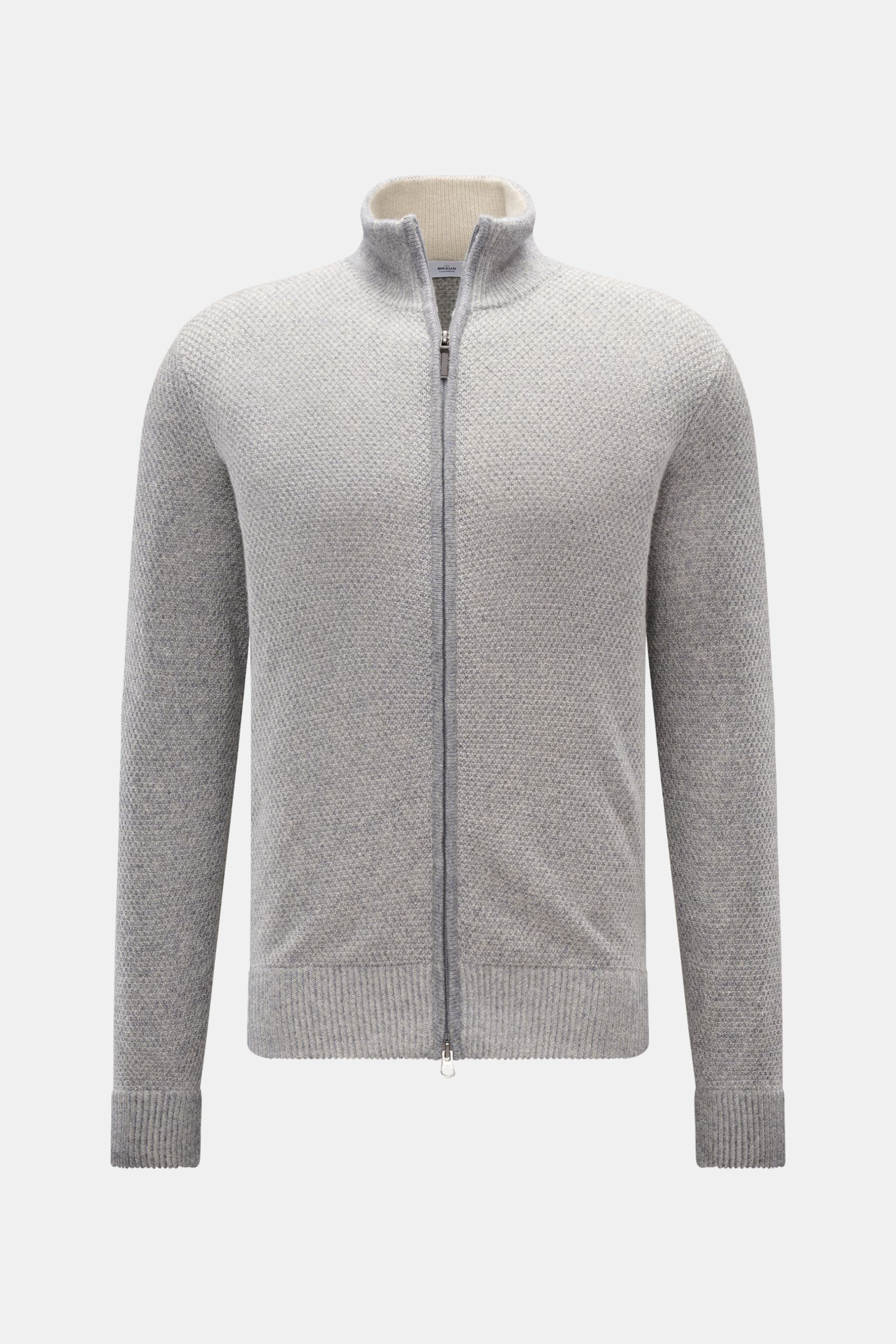 von Braun Cashmere Strickjacke grau meliert, Frontansicht, Slim Fit, mongolischer Cashmere, Strukturstrick, Zwei-Wege-Reißverschluss, hoher Kragen, Rippbündchen