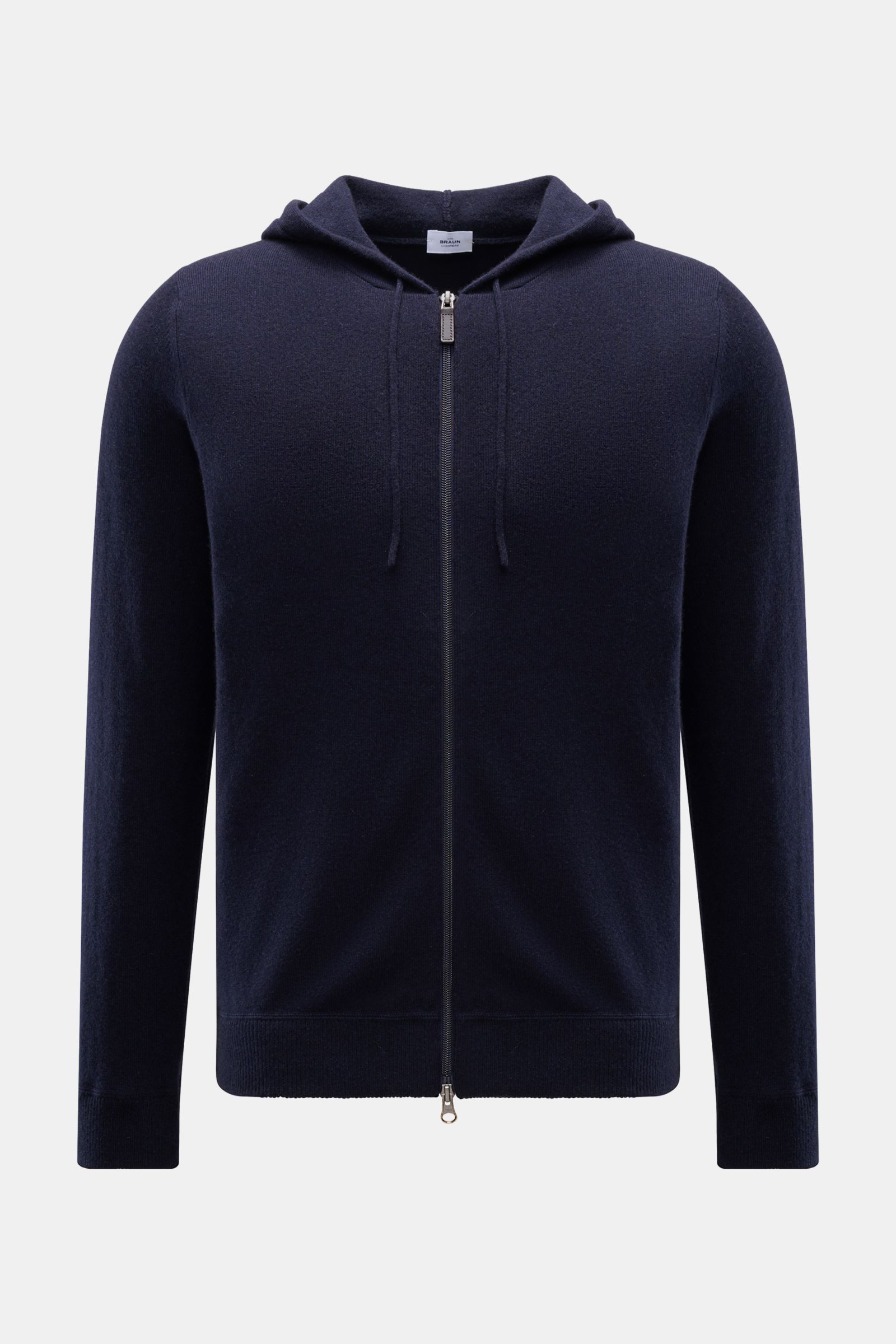 von Braun Cashmere Strickjacke navy in Slim Fit, frontale Ansicht, mit Kapuze, Zwei-Wege-Reißverschluss, weichem mongolischem Cashmere, Rippbündchen, feinem Strickbild.