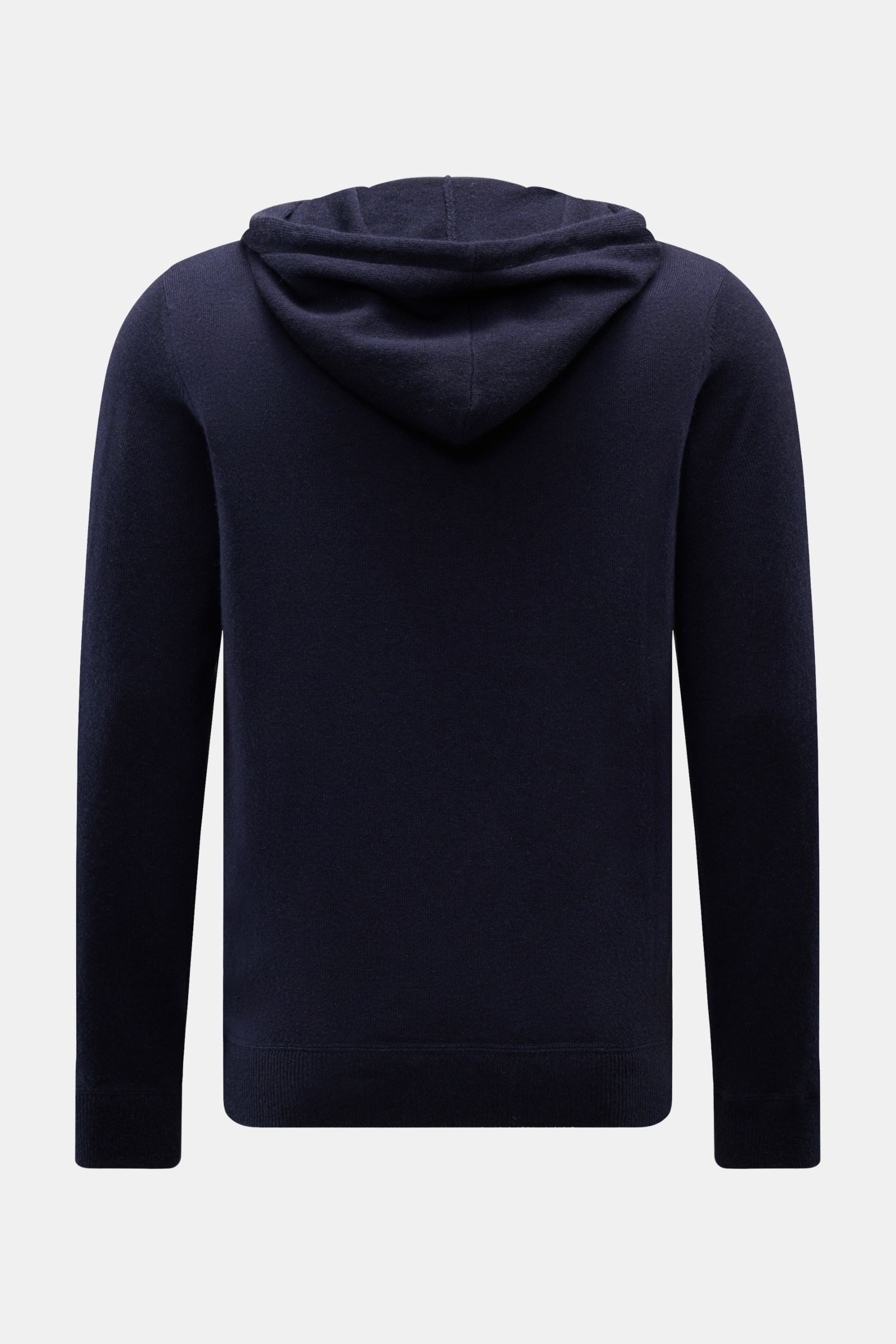 von Braun Cashmere Strickjacke navy von hinten fotografiert, Slim Fit, Kapuze mit Tunnelzug, reiner Cashmere, sehr weicher Griff, feines Strickbild, Zwei-Wege-Reißverschluss, komfortable Rippbündchen.