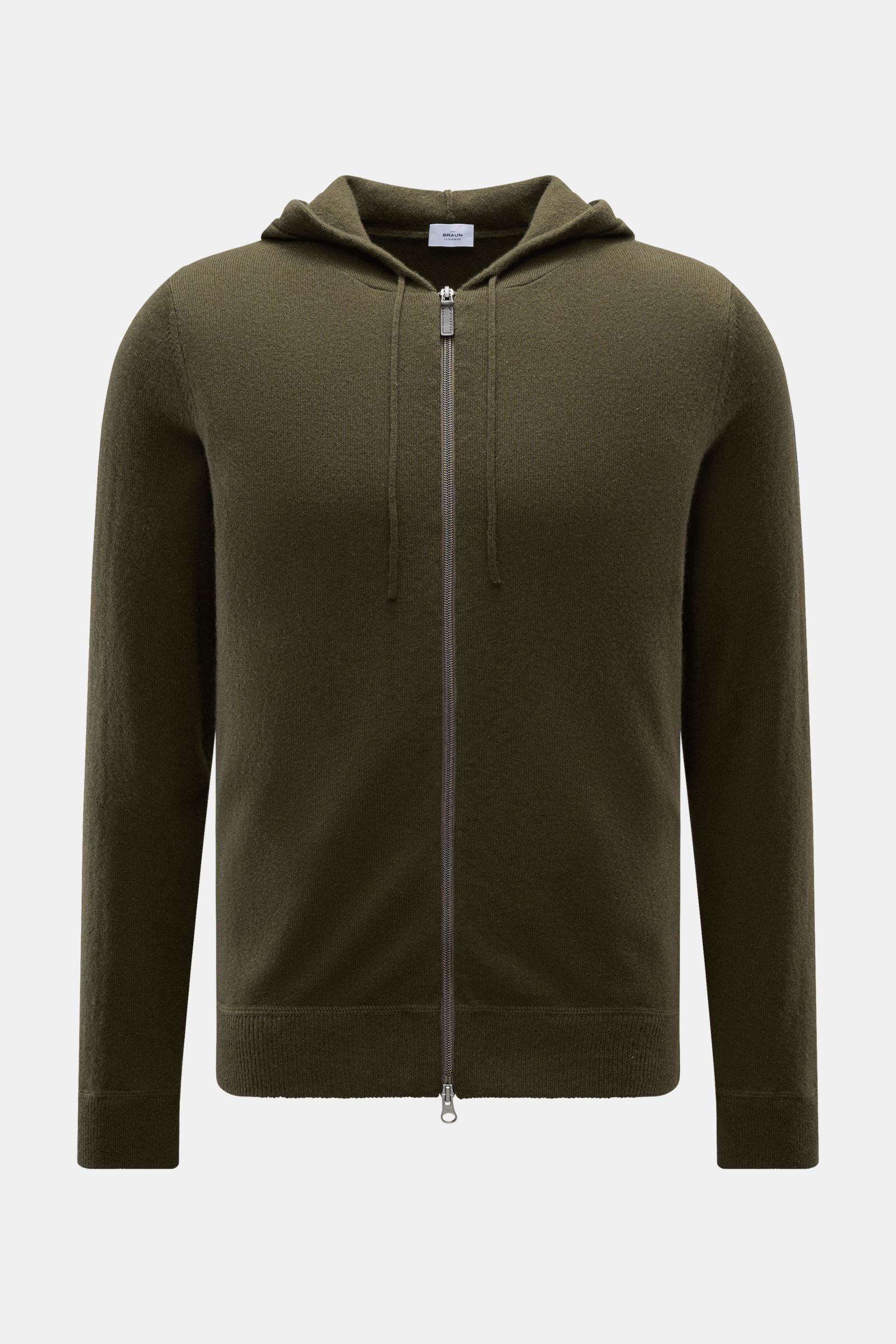 von Braun Cashmere Strickjacke oliv mit Kapuze, Tunnelzug und Zwei-Wege-Reißverschluss, Slim Fit, weiches Cashmere, Rippbündchen, frontale Ansicht.
