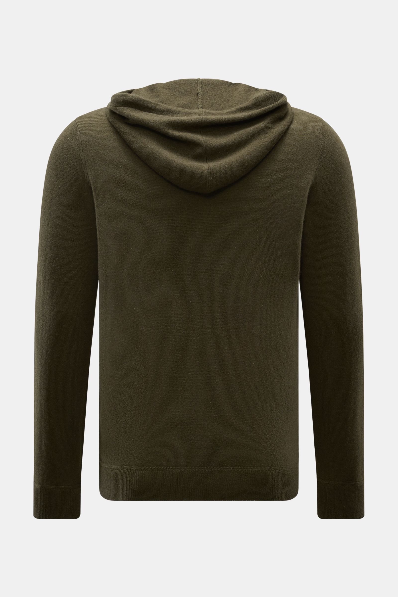 von Braun Cashmere Strickjacke oliv, Rückansicht, Slim Fit, Kapuze mit Tunnelzug, reiner Cashmere, weicher Griff, feines Strickbild, Rippbündchen, Zwei-Wege-Reißverschluss