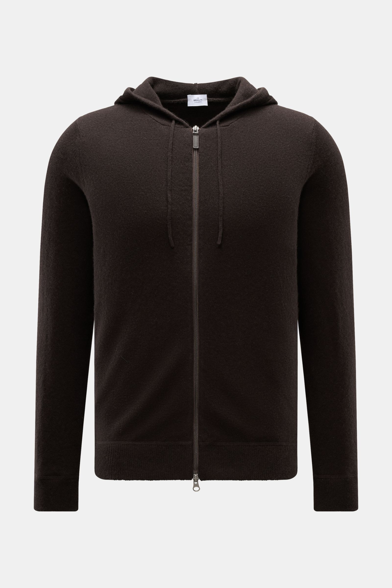 von Braun Cashmere Strickjacke dunkelbraun, frontale Ansicht, mit Kapuze, Tunnelzug, Zwei-Wege-Reißverschluss, Slim Fit, weichem Griff, feinem Strickbild, Rippbündchen, reiner mongolischer Cashmere.