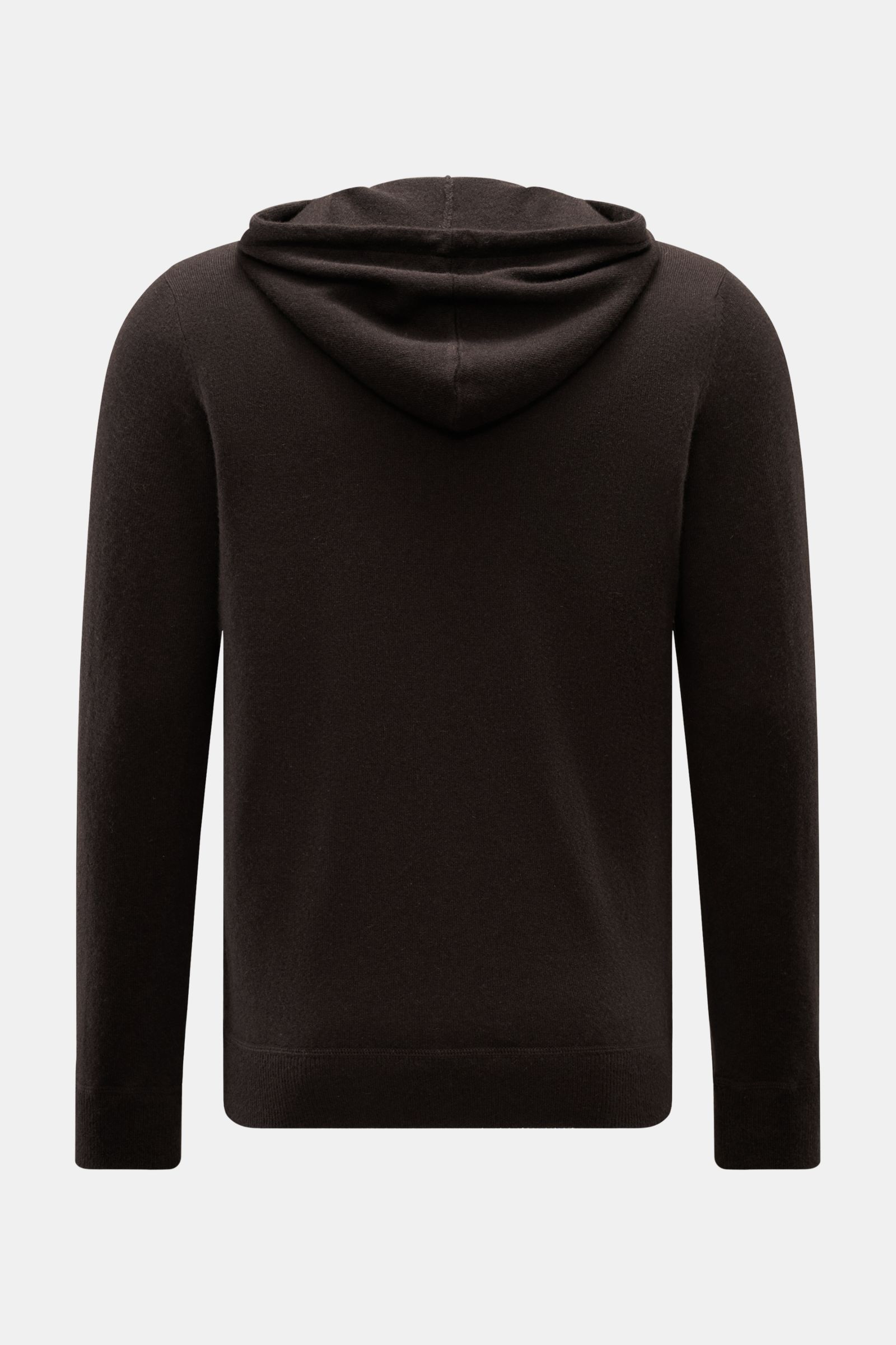 von Braun Cashmere Strickjacke dunkelbraun, Rückansicht, Slim Fit, Kapuze mit Tunnelzug, Zwei-Wege-Reißverschluss, weicher Griff, feines Strickbild, komfortable Rippbündchen, reiner mongolischer Cashmere.