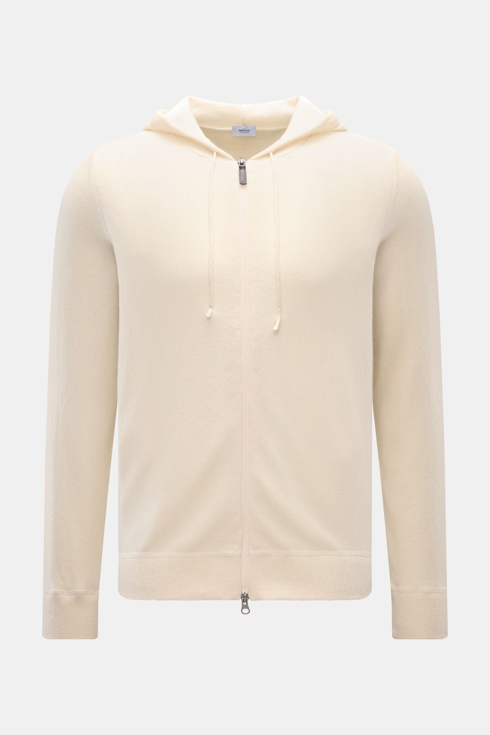 von Braun Cashmere Strickjacke offwhite, Slim Fit, aus mongolischem Cashmere, feines Strickbild, Kapuze mit Tunnelzug, Zwei-Wege-Reißverschluss, Rippbündchen, Frontansicht