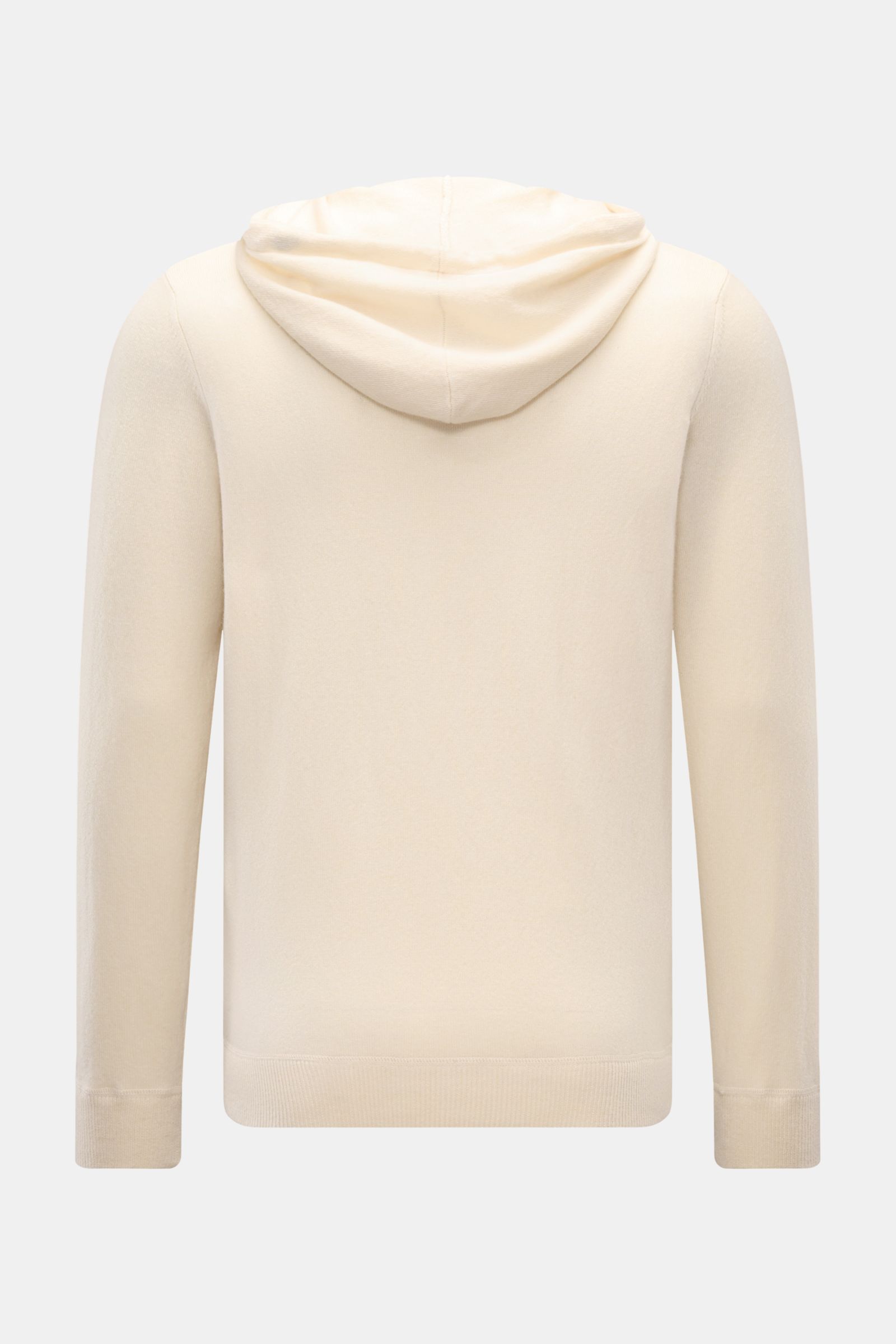 Rückansicht der von Braun Cashmere Strickjacke offwhite aus reinem mongolischem Cashmere, slim Fit, Kapuze mit Tunnelzug, weicher Griff.