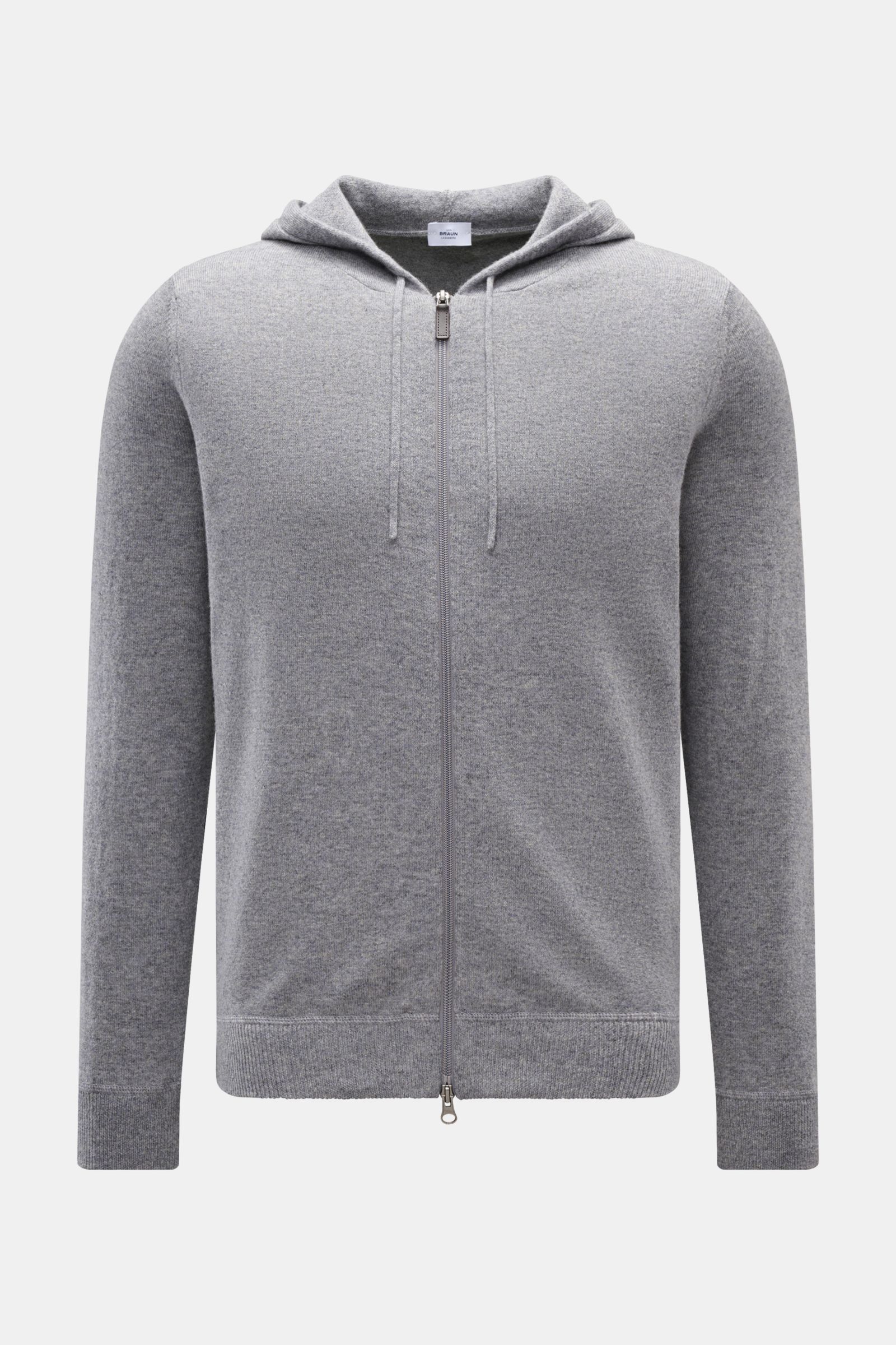 von Braun Cashmere Strickjacke grau meliert, Slim Fit mit Kapuze, Tunnelzug, Zwei-Wege-Reißverschluss, weicher Griff, feines Strickbild, frontal fotografiert.