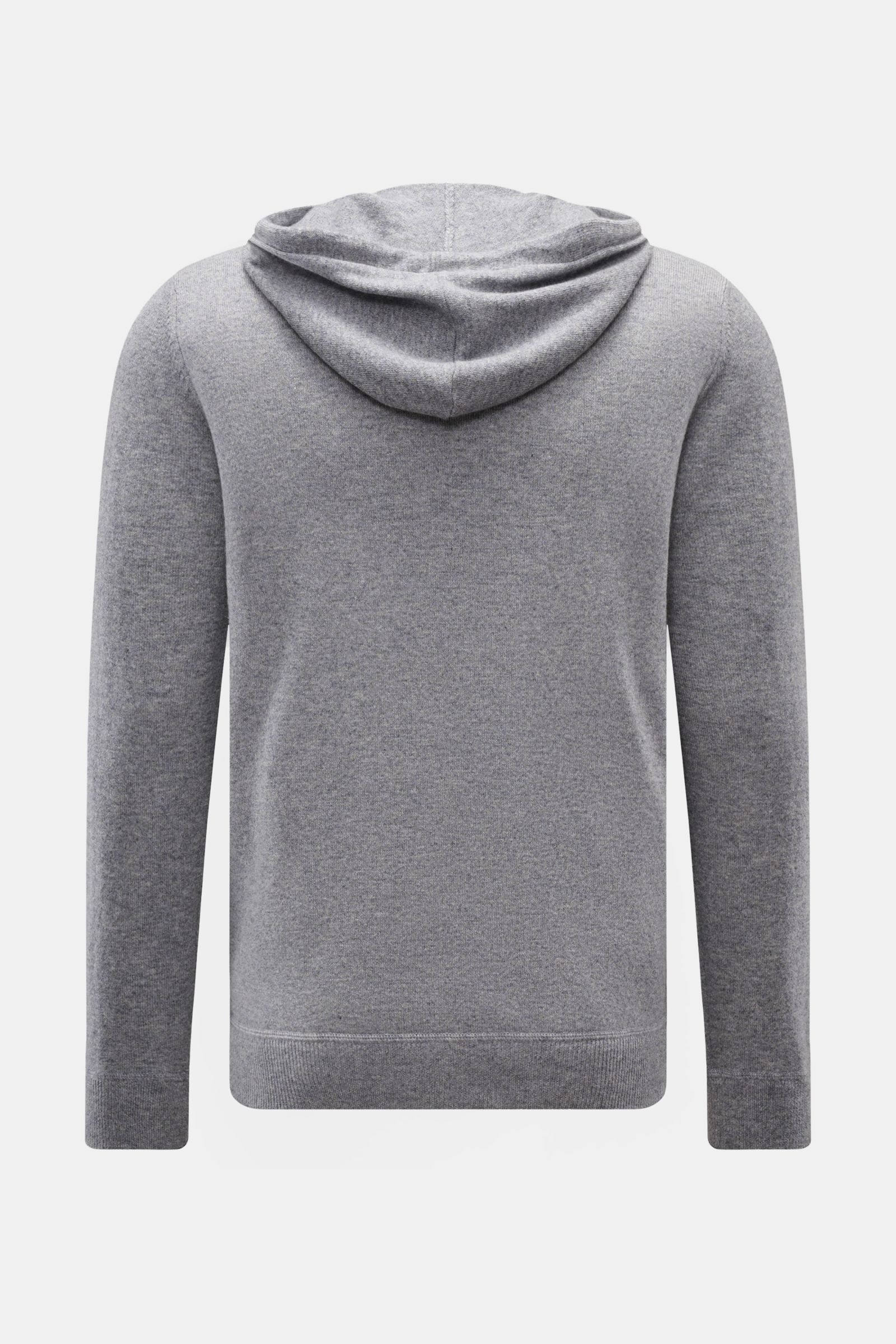 von Braun Cashmere Strickjacke grau meliert, Rückansicht, Slim Fit, Kapuze mit Tunnelzug, reiner Cashmere, feines Strickbild, weicher Griff, Rippbündchen, Zwei-Wege-Reißverschluss