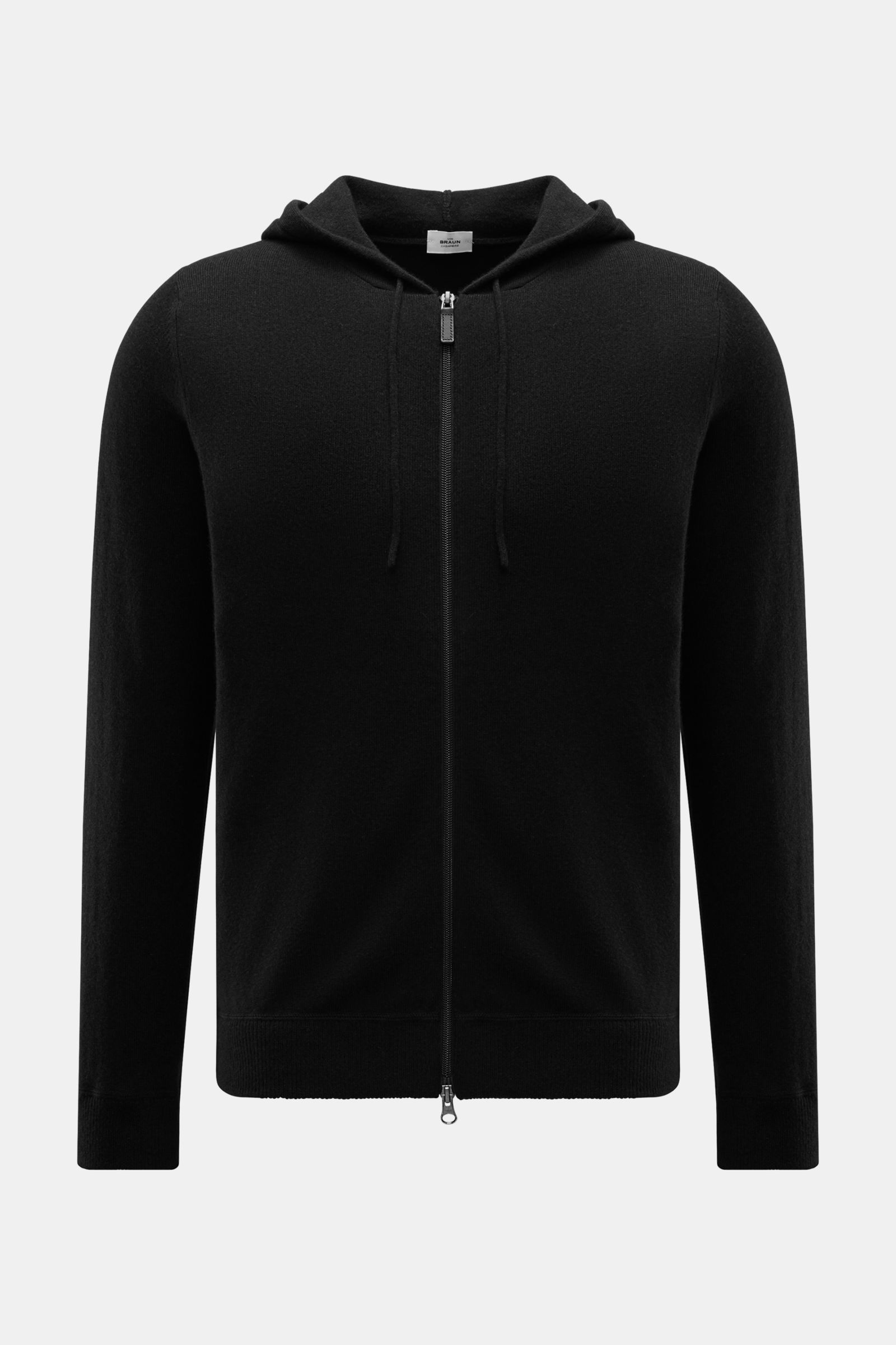 von Braun Cashmere Strickjacke schwarz, frontal mit Kapuze, Tunnelzug, Zwei-Wege-Reißverschluss, Slim Fit, reiner Cashmere, weicher Griff, feines Strickbild, Rippbündchen, sportive Basics für Winter.