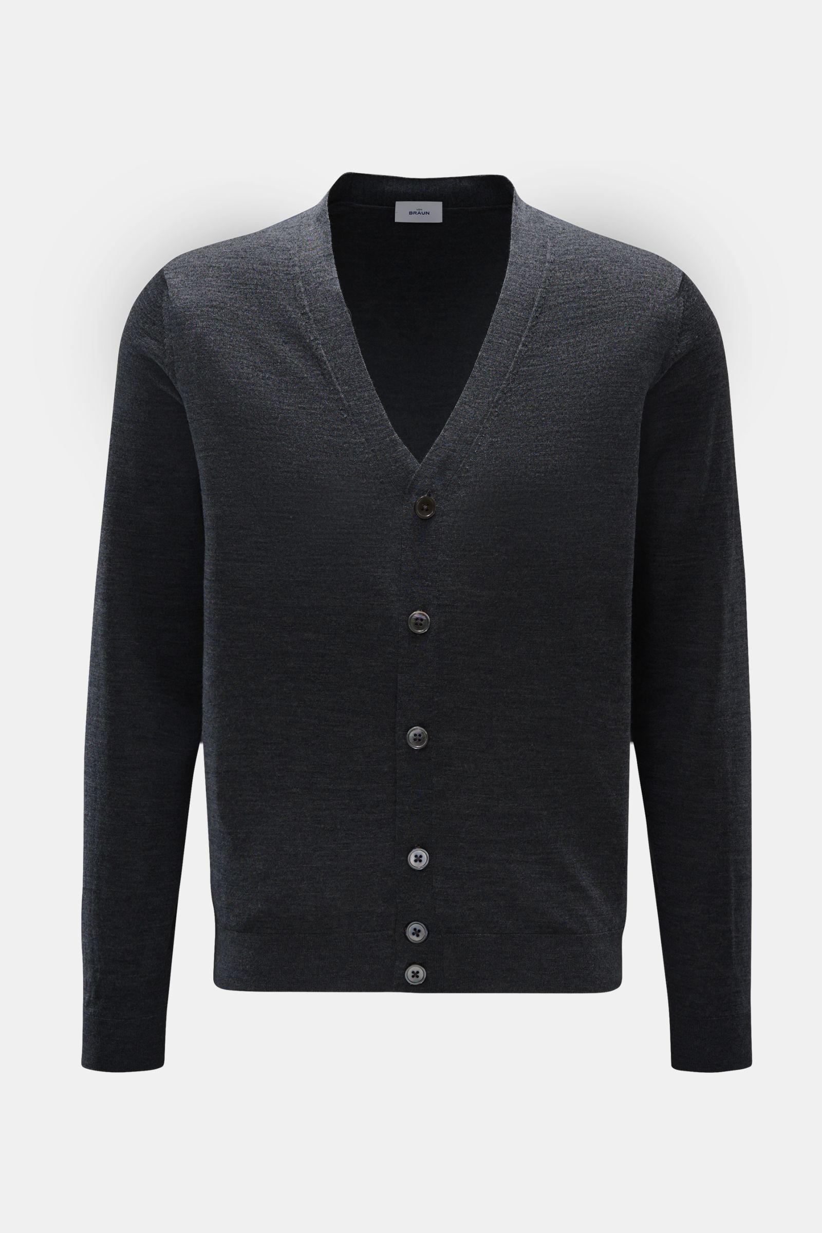 Front view of von Braun Merino cardigan anthracite mottled in pure merino wool, soft feel, very fine knit, regular fit, five-button placket with mother-of-pearl buttons, elasticated ribbed bands; fine knit transitional basic, perfect for office wardrobe.