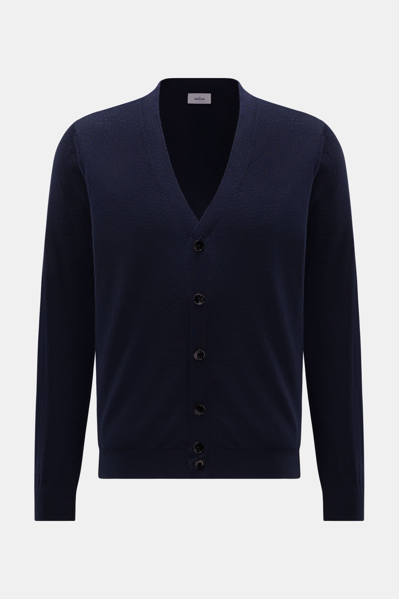 von Braun Merino Cardigan navy in Frontansicht, Regular Fit aus reiner Merinowolle, feines Strickbild, fünf Perlmuttknöpfe, elastische Rippbündchen, weicher Griff, ideal fürs Office.