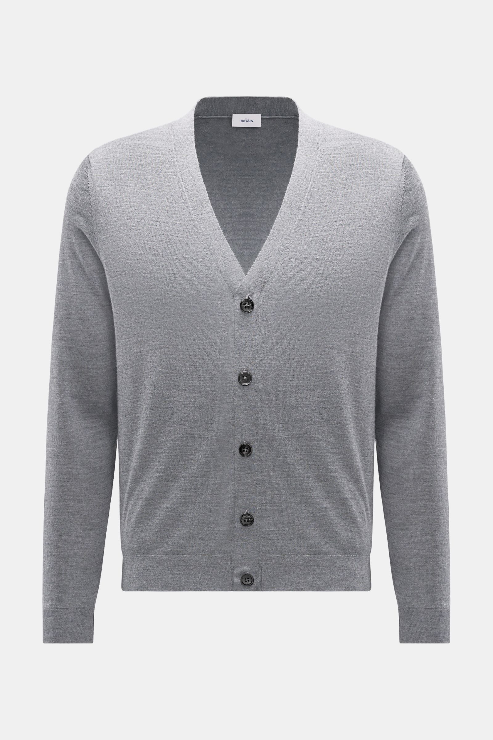 von Braun Merino Cardigan grau meliert, Frontansicht, Regular Fit, aus weicher reiner Merinowolle mit feinem Strickbild, 5 Perlmuttknöpfe, elastische Rippbündchen.