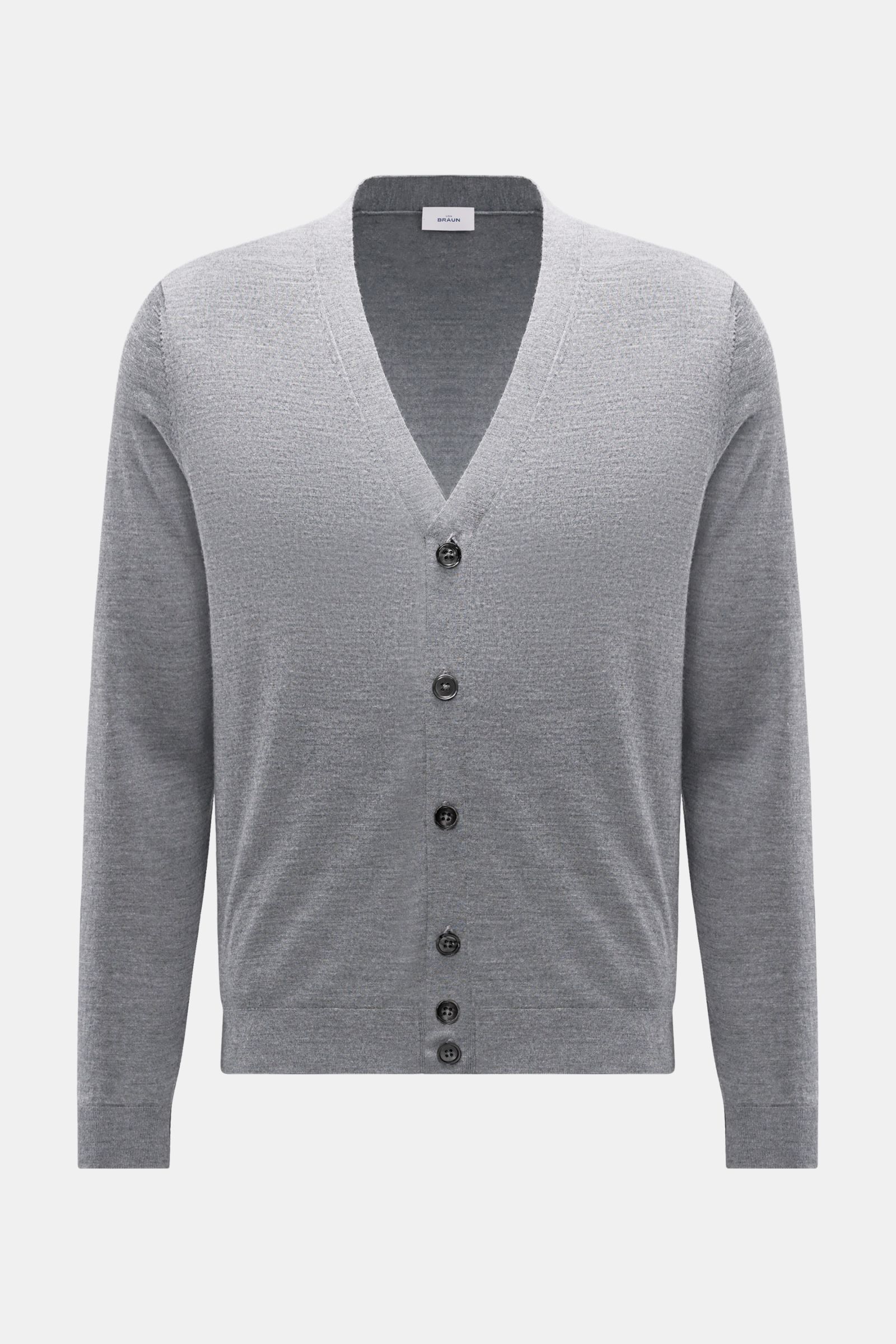 Front view of von Braun Merino cardigan grey mottled, a fine knit transitional basic in pure merino wool with a soft feel, very fine knit, regular fit, five-button placket with mother-of-pearl buttons, and elasticated ribbed bands.