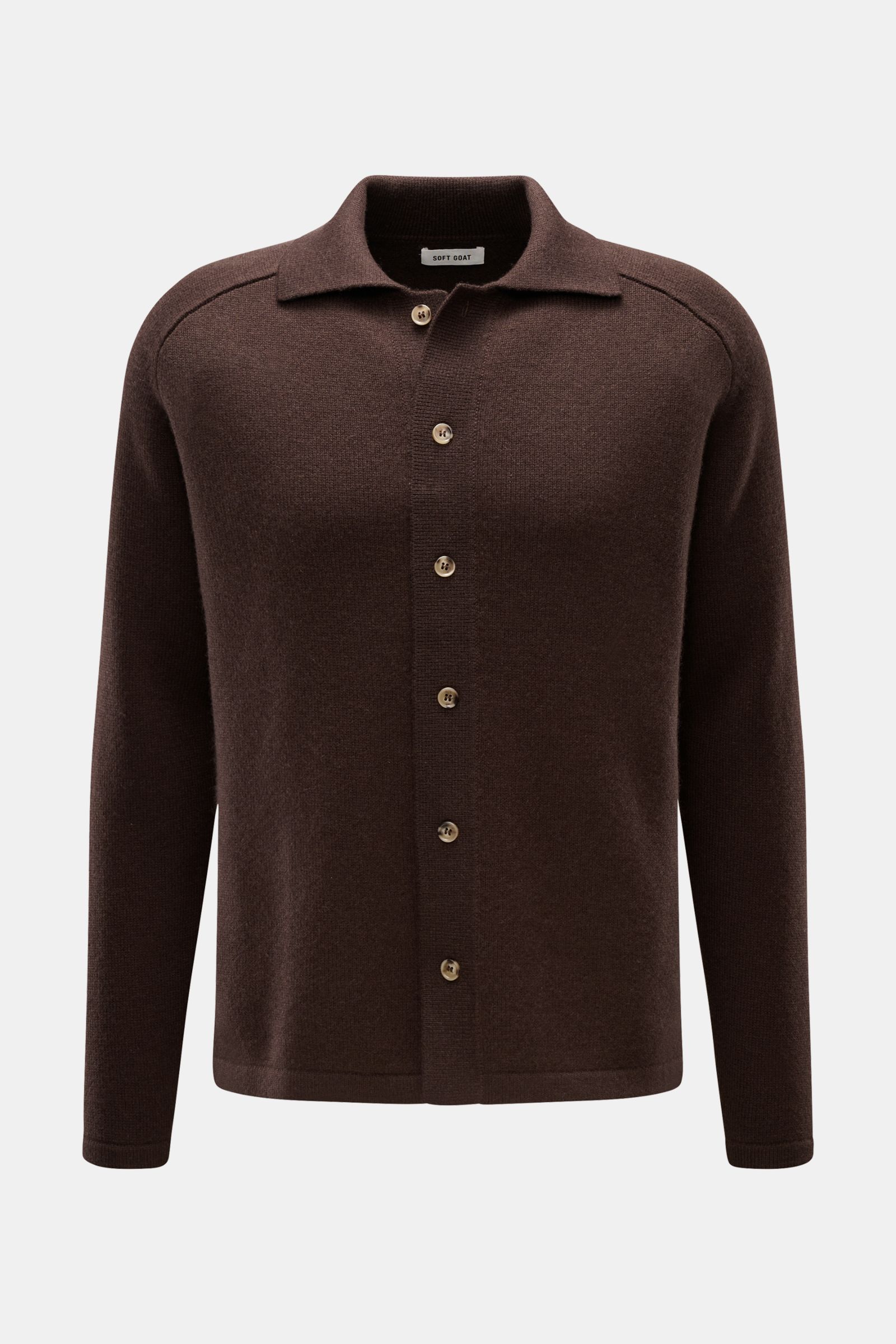 Soft Goat Cashmere Cardigan dunkelbraun shown from the front, sustainable pure cashmere, soft feel, regular fit, button placket, fold-over collar, ribbed cuffs.