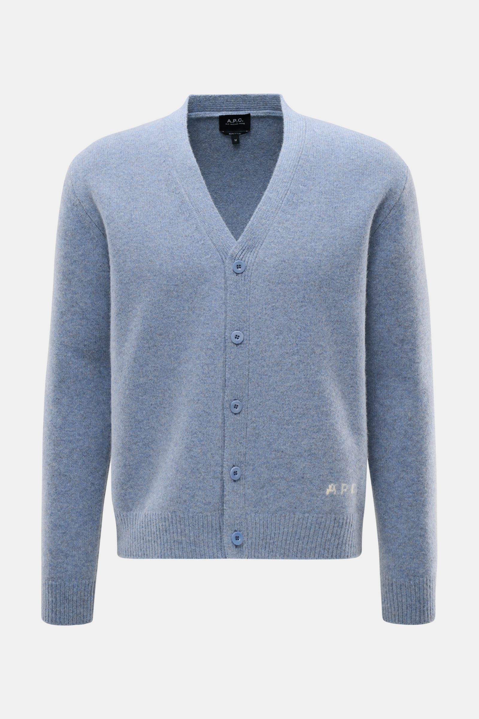 A.P.C. Cardigan 'Kevin' rauchblau meliert aus reiner Wolle, Regular Fit, mit V-Ausschnitt, Knopfleiste, Rippbündchen, frontal fotografiert.