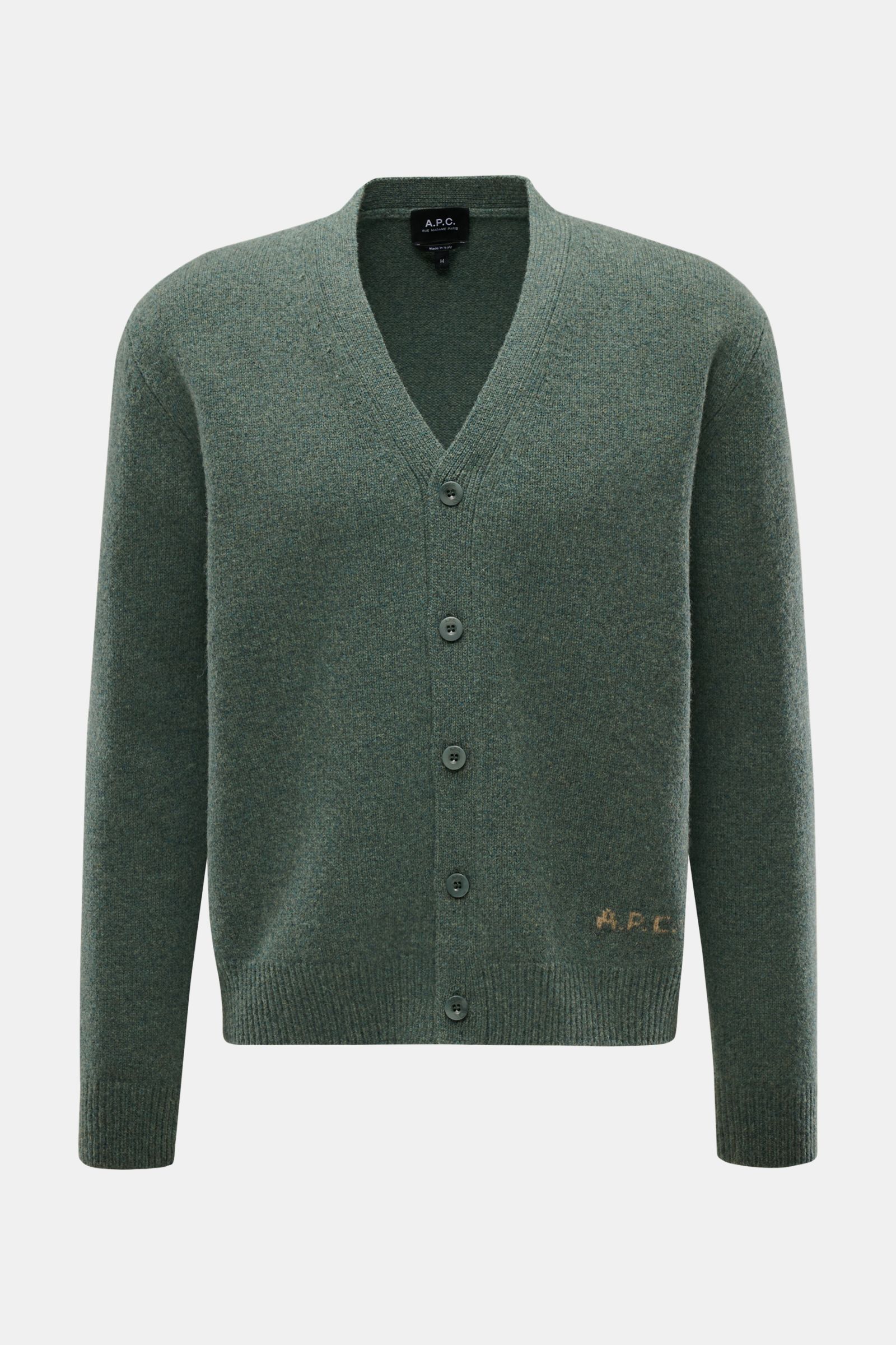 A.P.C. Cardigan 'Kevin' graugrün meliert, aus reiner Wolle, Regular Fit, mit Rundhalsausschnitt, Knopfleiste und Rippbündchen, Frontalansicht.