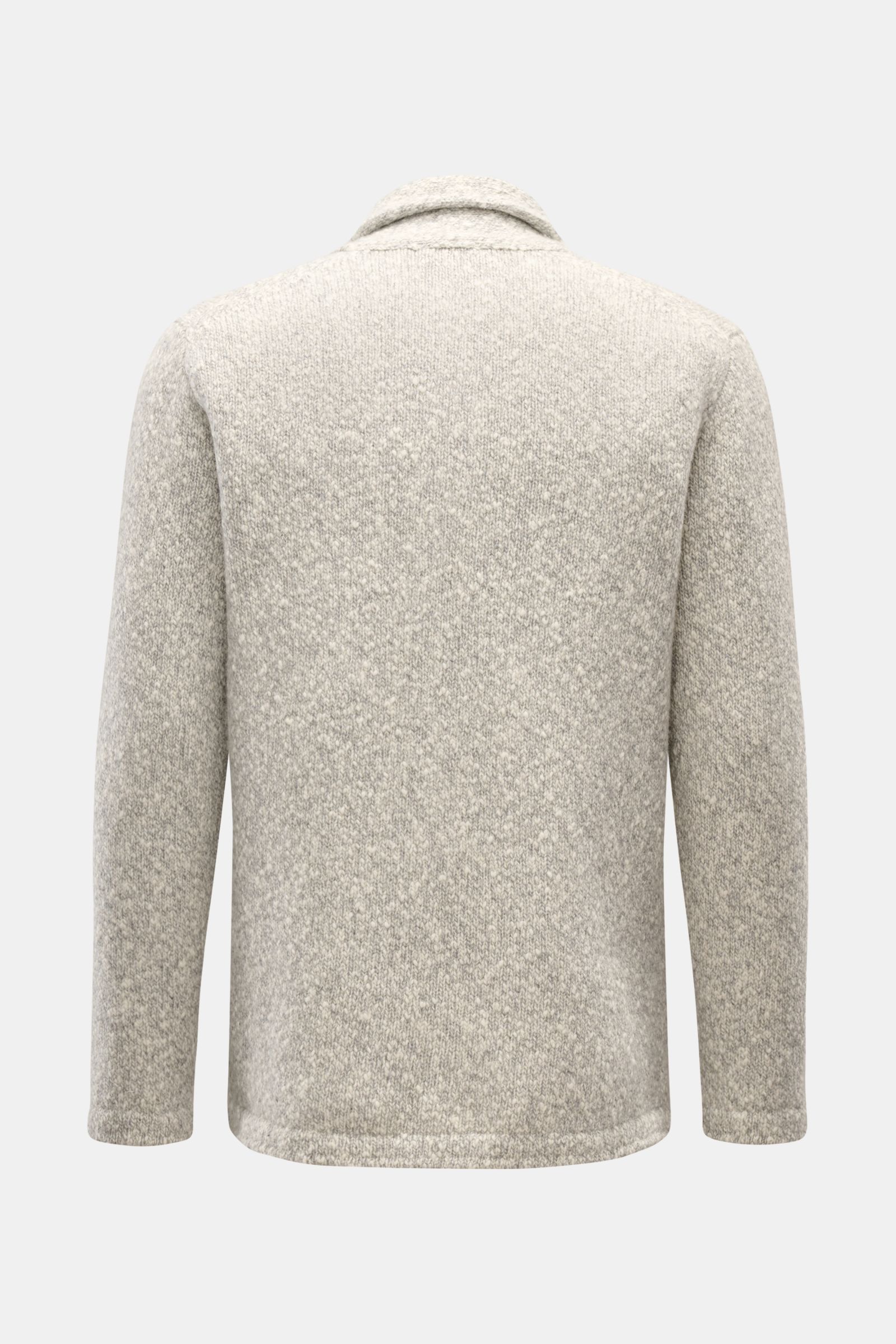 Rückansicht des 04651/ A trip in a bag Cardigan grau/offwhite meliert mit Schalkragen, voluminösem Strickbild, Oversized Fit aus reiner Wolle.