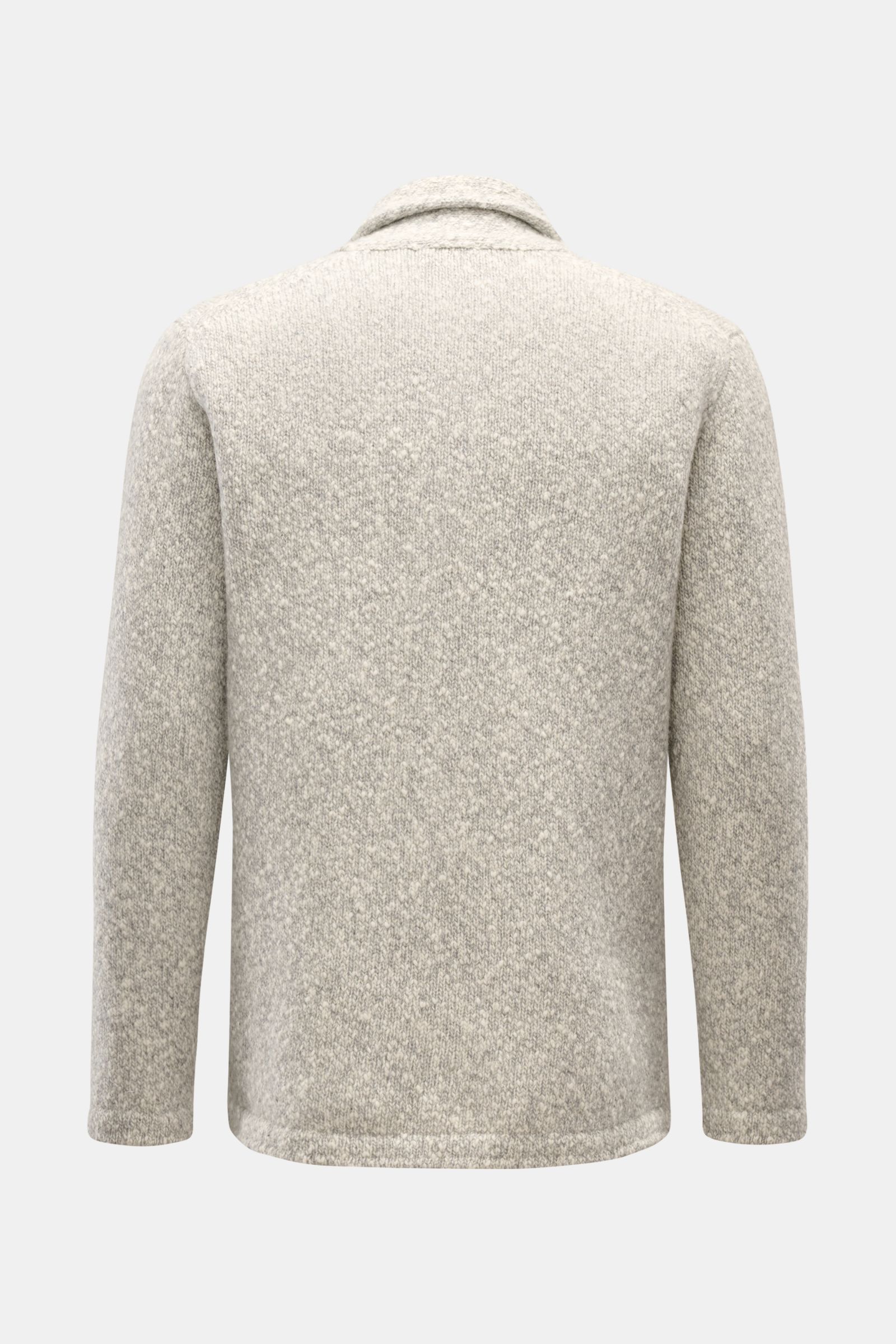 Back view of the 04651/ A trip in a bag Cardigan grau/offwhite meliert, made of pure wool with a soft touch and voluminous knit.

Description: Warmes Layering-Essential: Der Cardigan aus der 'Look of the Games' Capsule von 04651/ A TRIP IN A