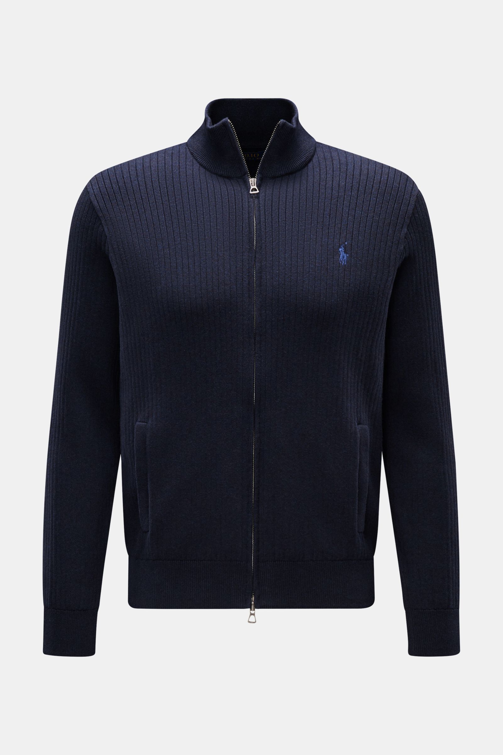 Polo Ralph Lauren Strickjacke navy meliert, frontale Nahaufnahme, reine Baumwolle, feines Rippstrick-Design, Stehkragen, Zwei-Wege-Reißverschluss, Leistentaschen, Regular Fit.