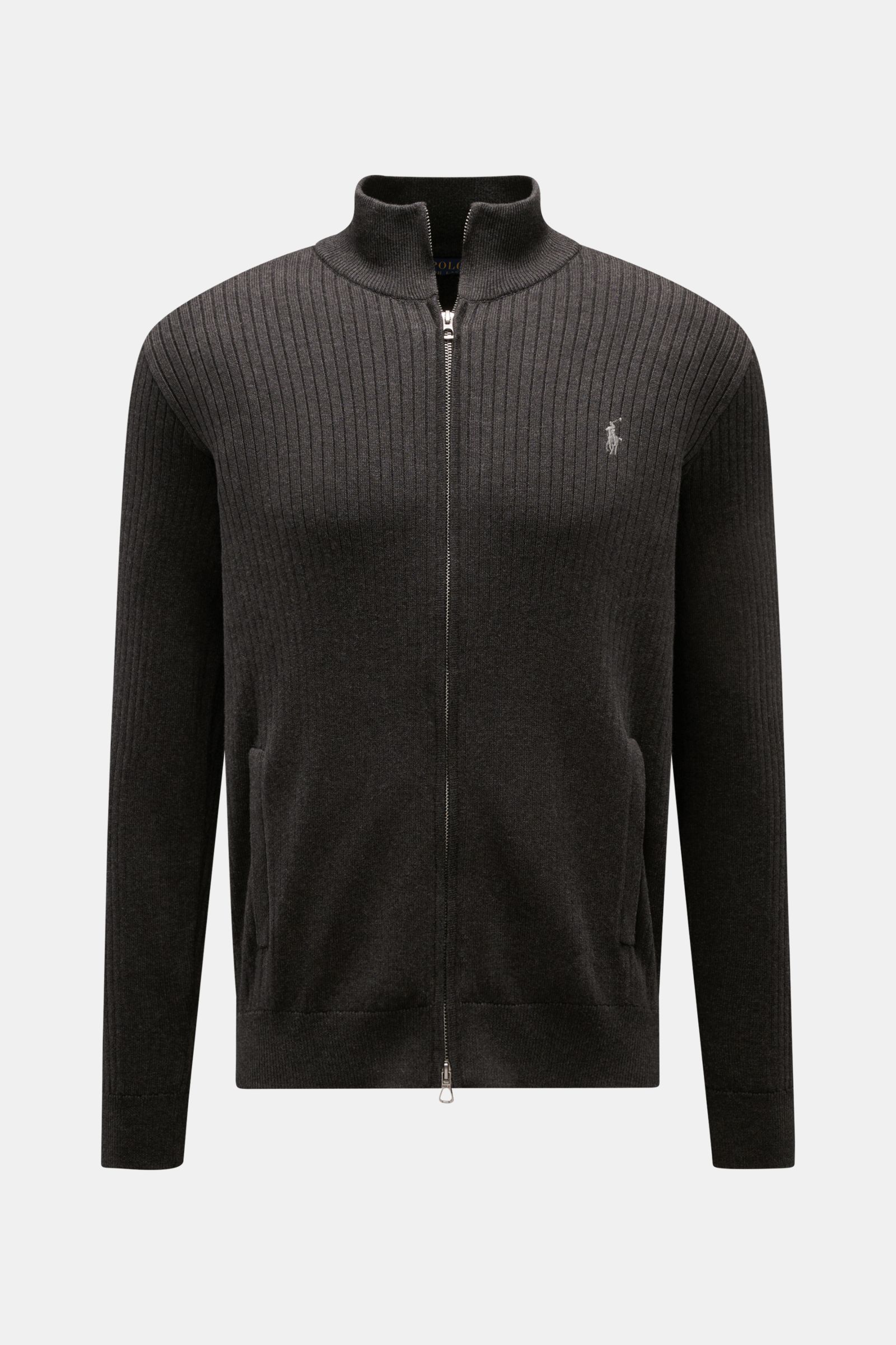 Front view of Polo Ralph Lauren Cardigan anthracite in ribbed pure cotton with concealed two-way zip, elasticated bands, and embroidered polo player logo.

This ribbed cardigan in pure cotton by POLO RALPH LAUREN adds an extra layer of comfort from spr