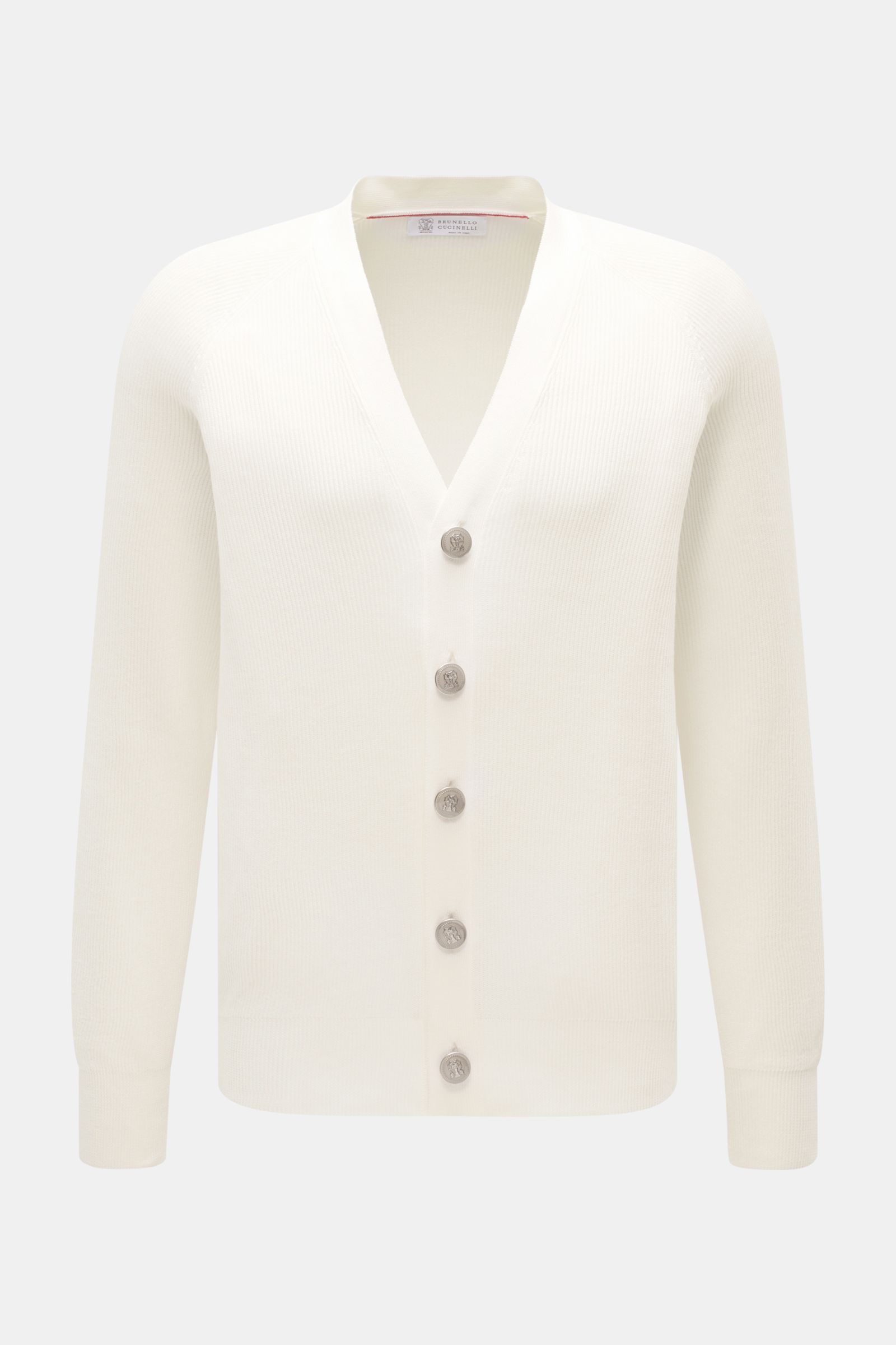 Front view of Brunello Cucinelli Cardigan off-white in soft cotton with brioche knit, five coat-of-arms buttons, regular fit.

Luxury for the office and your downtime: This cardigan in fine brioche knit in soft cotton enhanced with crest buttons by BRU